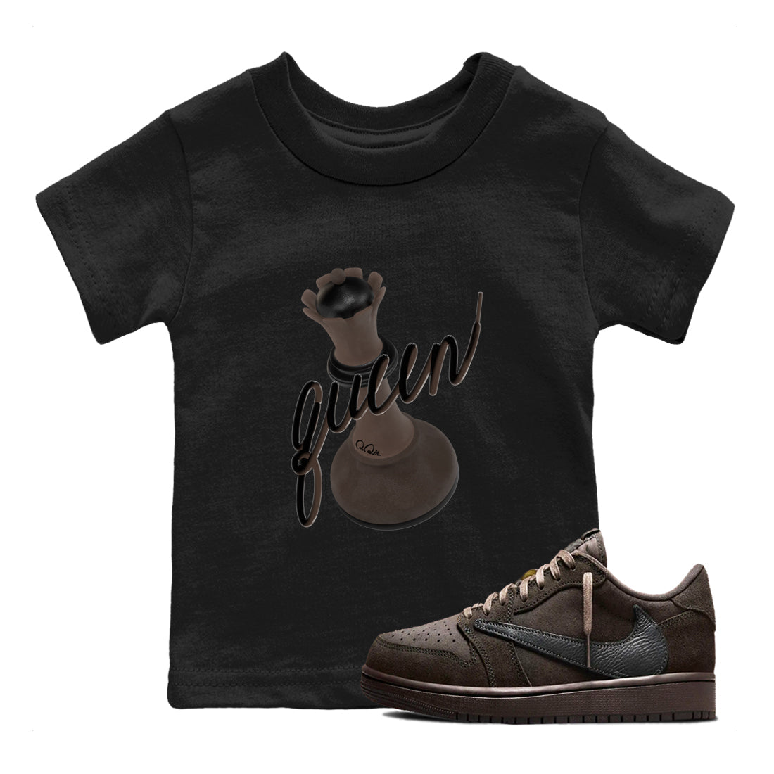 Air Jordan 1 Travis Scott Velvet Brown shirts to match jordans 3D Queen sneaker match tees Travis Scott x Air Jordan 1 Low OG Velvet Brown best t shirts to wear with jordans SNRT Sneaker Tees Youth Baby Black 1 tee
