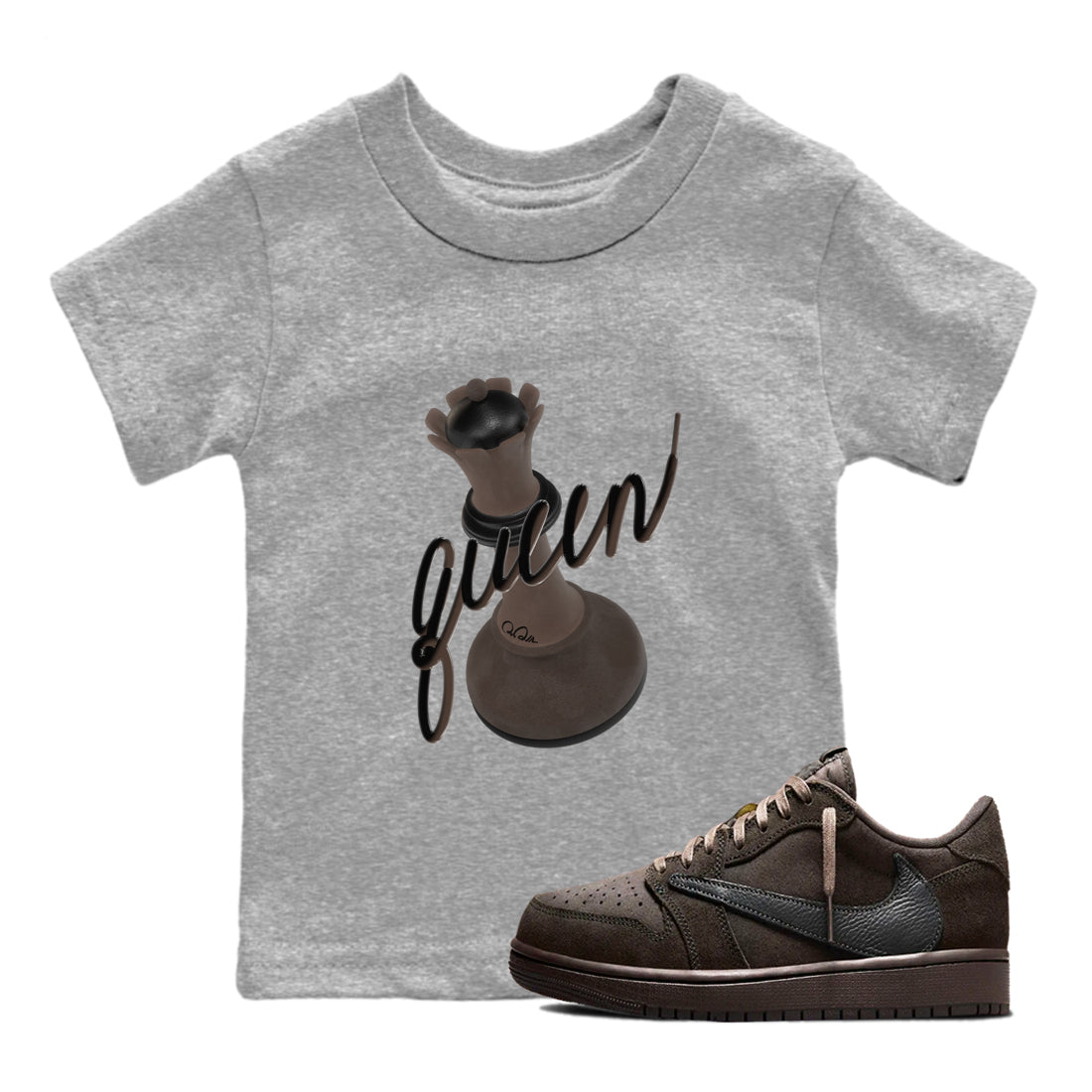 Air Jordan 1 Travis Scott Velvet Brown shirts to match jordans 3D Queen sneaker match tees Travis Scott x Air Jordan 1 Low OG Velvet Brown best t shirts to wear with jordans SNRT Sneaker Tees Youth Baby Heather Grey 1 tee