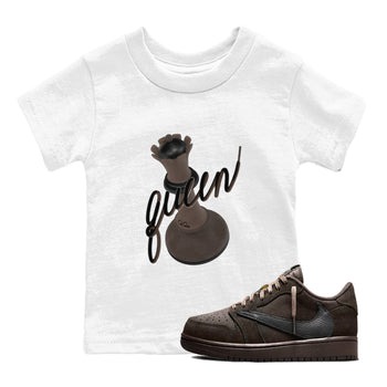 Air Jordan 1 Travis Scott Velvet Brown shirts to match jordans 3D Queen sneaker match tees Travis Scott x Air Jordan 1 Low OG Velvet Brown best t shirts to wear with jordans SNRT Sneaker Tees Youth Baby White 1 tee