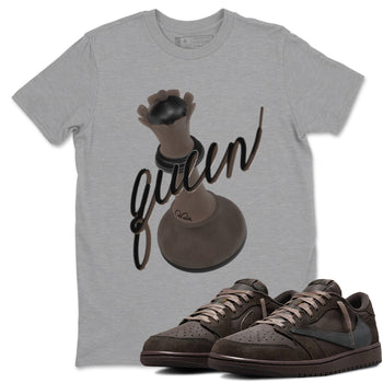 Air Jordan 1 Travis Scott Velvet Brown shirts to match jordans 3D Queen sneaker match tees Travis Scott x Air Jordan 1 Low OG Velvet Brown best t shirts to wear with jordans SNRT Sneaker Tees unisex cotton Heather Grey 1 shirts