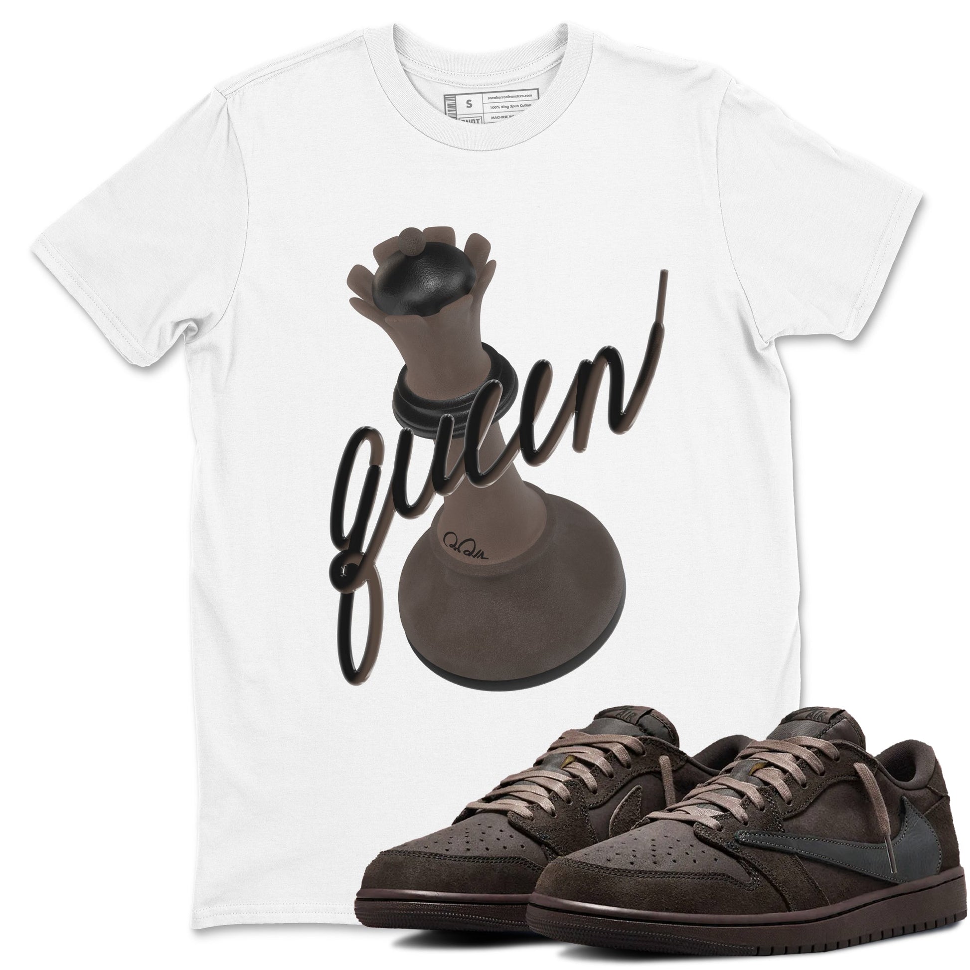 Air Jordan 1 Travis Scott Velvet Brown shirts to match jordans 3D Queen sneaker match tees Travis Scott x Air Jordan 1 Low OG Velvet Brown best t shirts to wear with jordans SNRT Sneaker Tees unisex cotton White 1 shirts
