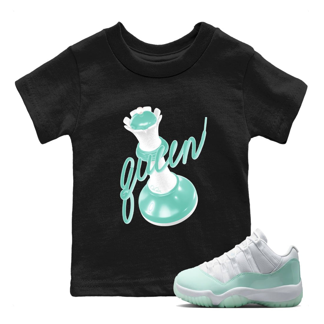 3D Queen baby and kids t-shirt crafted for little sneakerheads to shine with the Air Jordan 11 Igloo sneakers, displayed in Black 1.