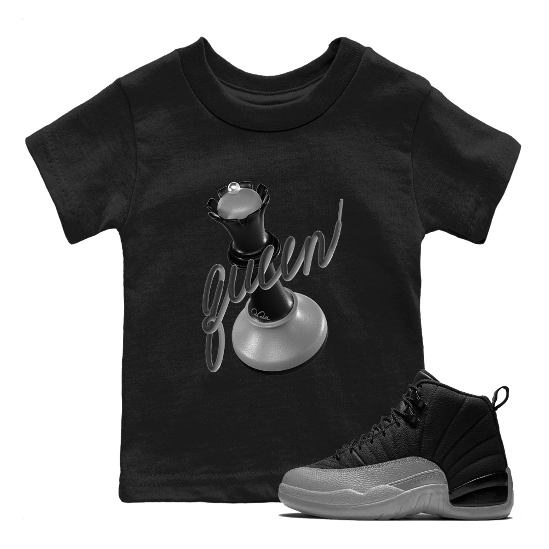 12s Black Wolf Grey shirts to match jordans 3D Queen sneaker match tees Air Jordan 12 Barons match shoes to clothes SNRT Sneaker Tees Youth Baby Black 1 tee