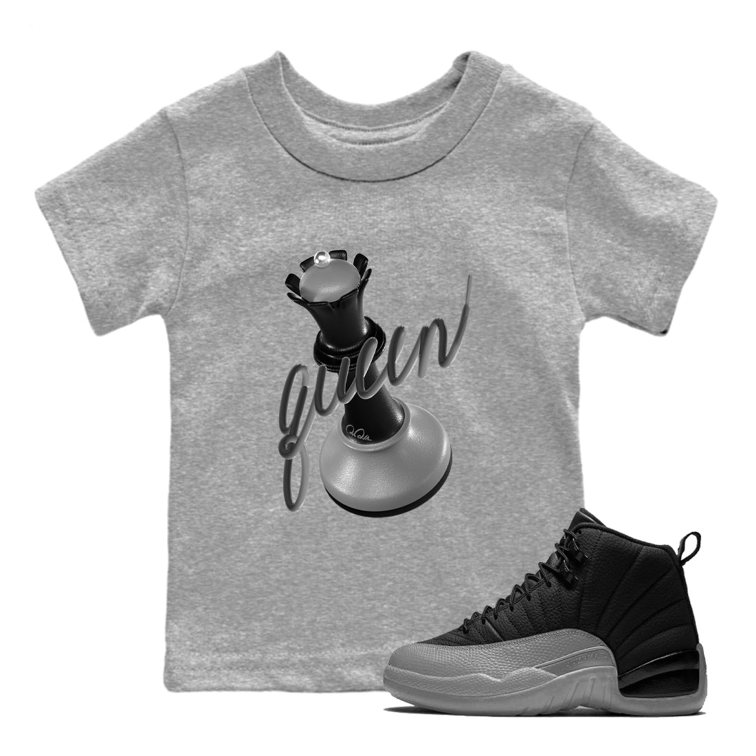 12s Black Wolf Grey shirts to match jordans 3D Queen sneaker match tees Air Jordan 12 Barons match shoes to clothes SNRT Sneaker Tees Youth Baby Heather Grey 1 tee