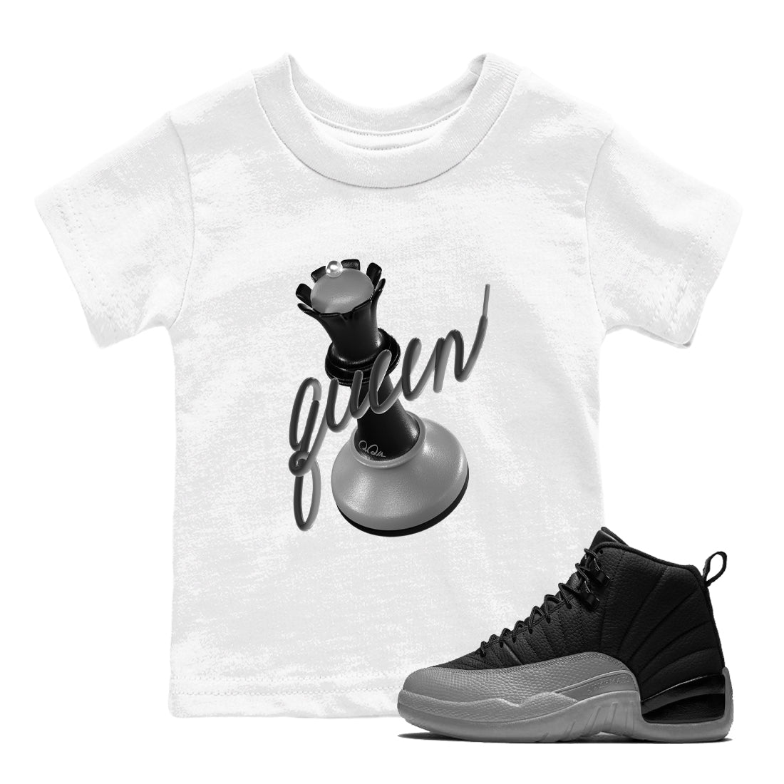 12s Black Wolf Grey shirts to match jordans 3D Queen sneaker match tees Air Jordan 12 Barons match shoes to clothes SNRT Sneaker Tees Youth Baby White 1 tee