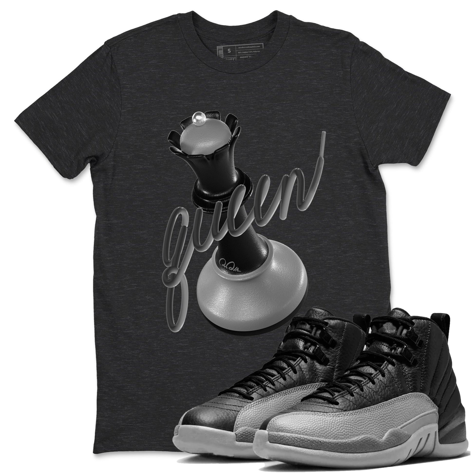 12s Black Wolf Grey shirts to match jordans 3D Queen sneaker match tees Air Jordan 12 Barons match shoes to clothes SNRT Sneaker Tees unisex cotton Charcoal Heather 1 shirts