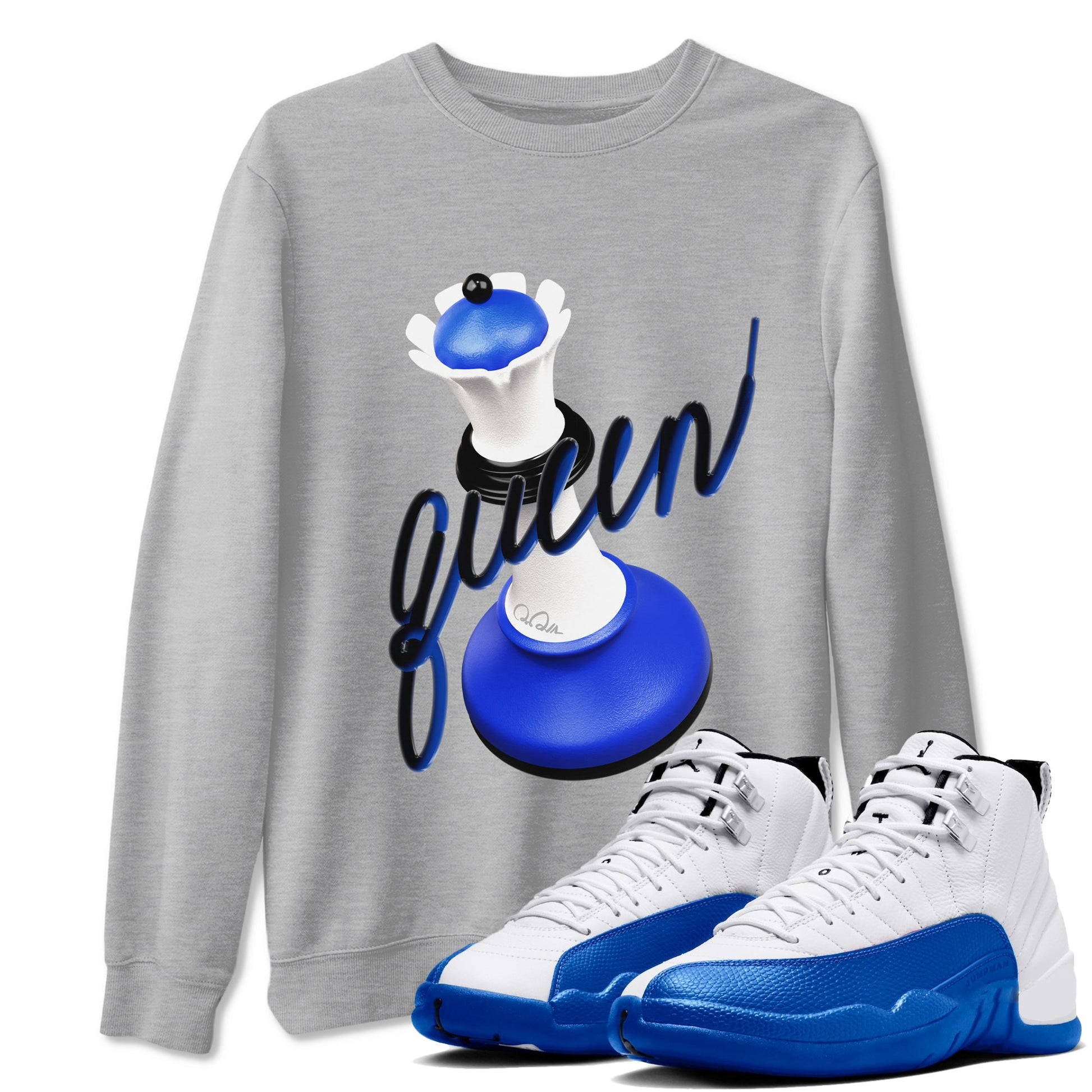 12s Blueberry shirts to match jordans 3D Queen best t shirts to wear with jordans AJ12 White and Game Royal match shoes to clothes SNRT Sneaker Tees unisex cotton Heather Grey 1 shirts