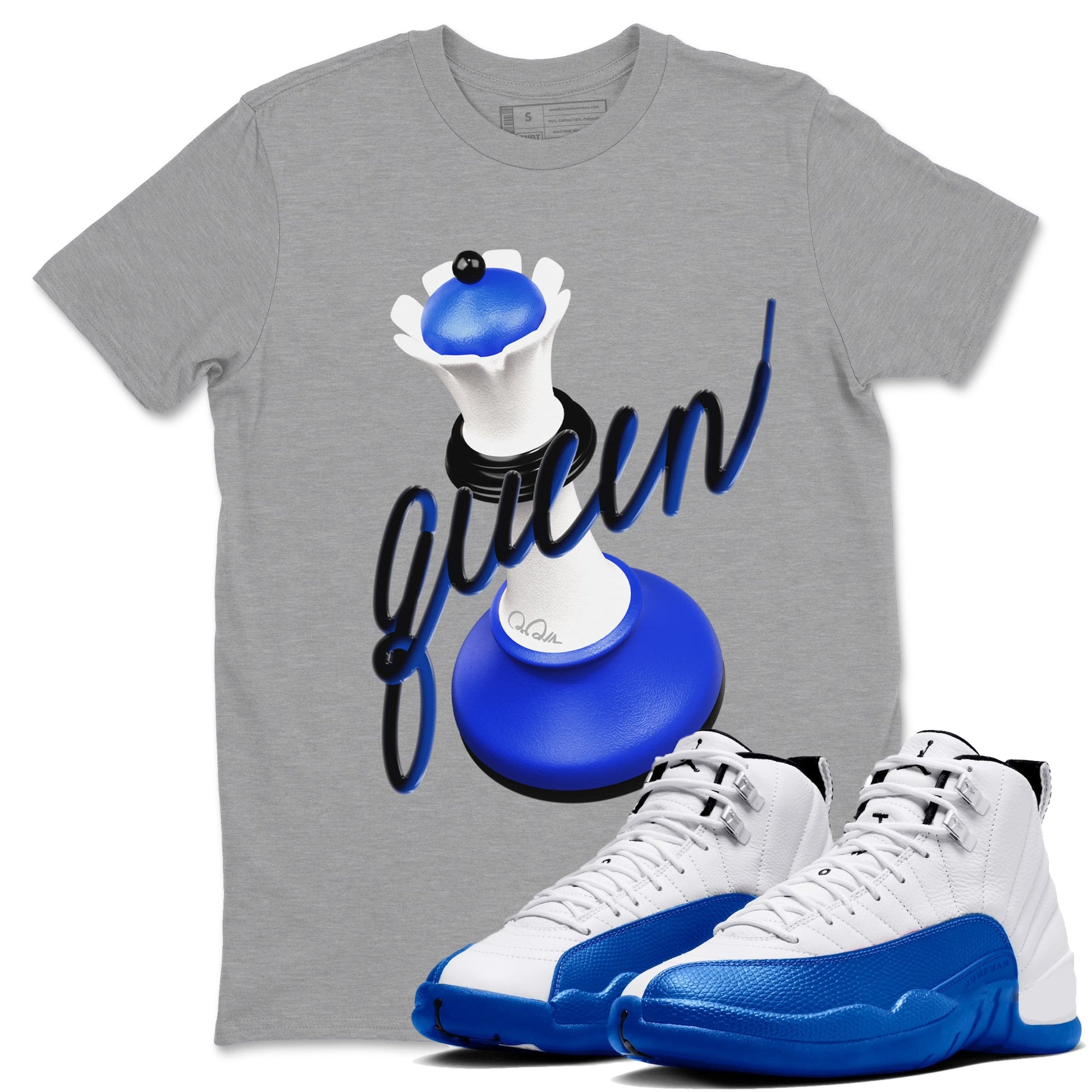 12s Blueberry shirts to match jordans 3D Queen best t shirts to wear with jordans AJ12 White and Game Royal match shoes to clothes SNRT Sneaker Tees unisex cotton Heather Grey 1 shirts