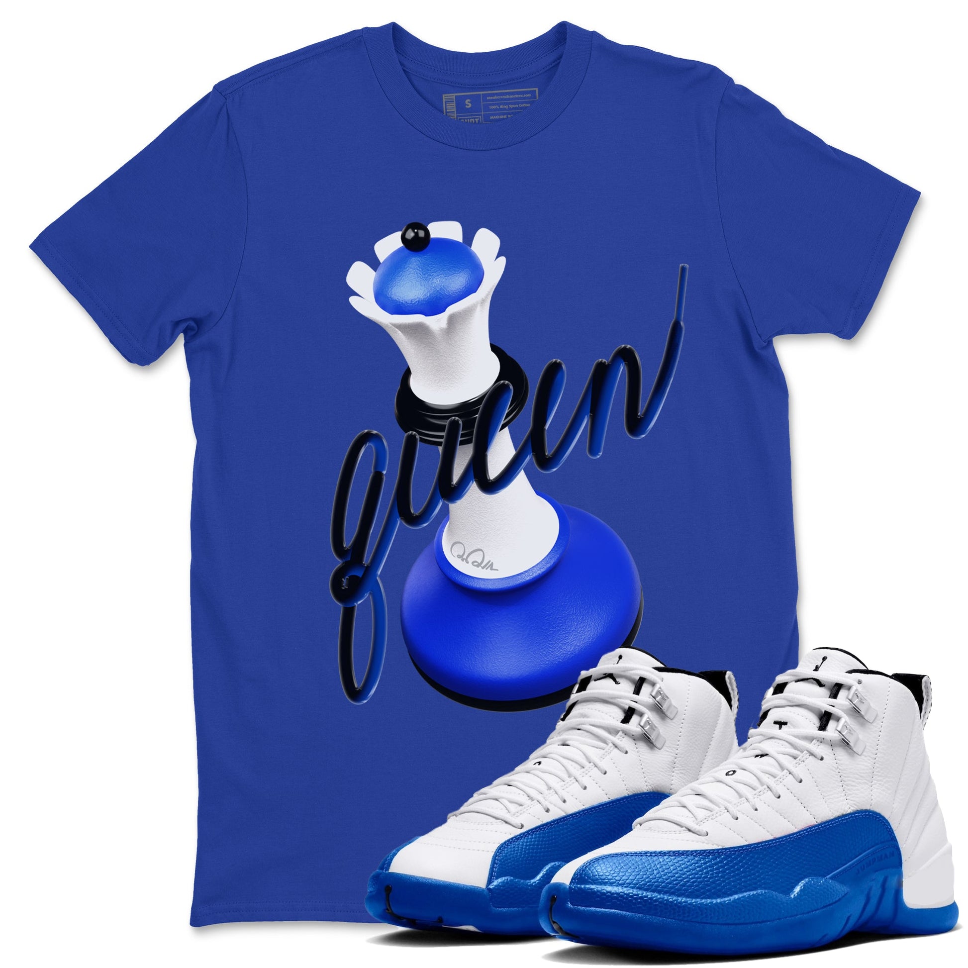 12s Blueberry shirts to match jordans 3D Queen best t shirts to wear with jordans AJ12 White and Game Royal match shoes to clothes SNRT Sneaker Tees unisex cotton Royal Blue 1 shirts