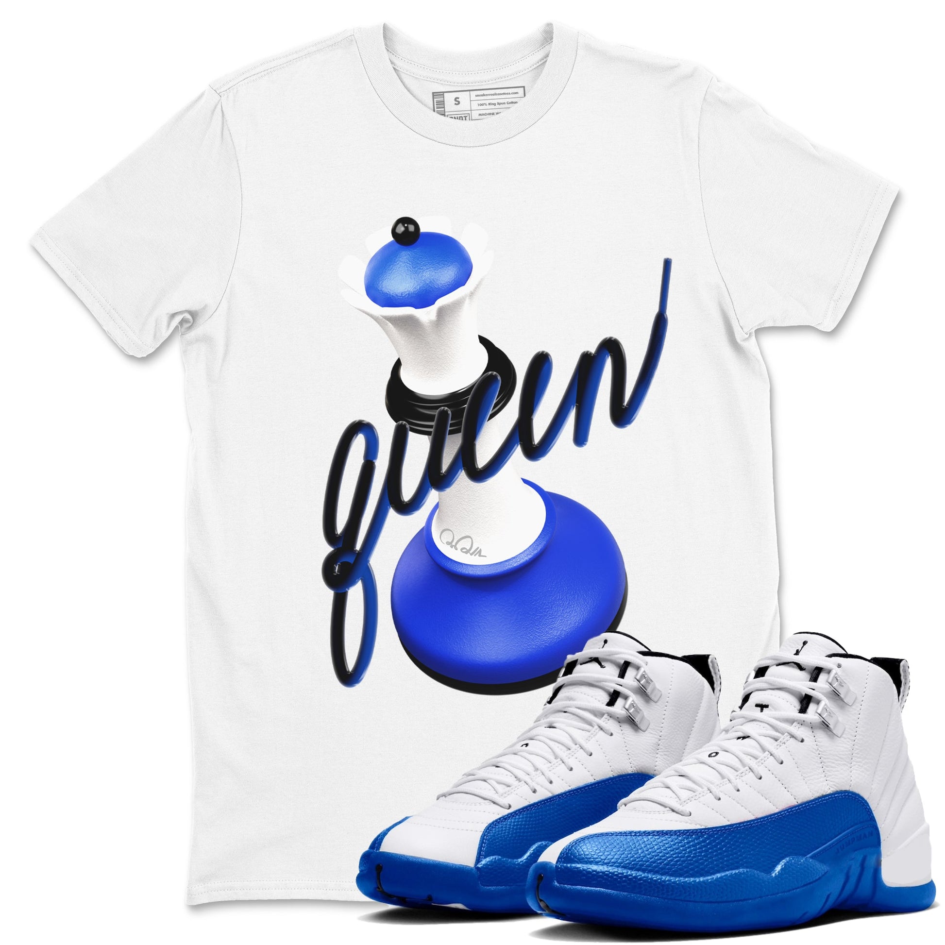 12s Blueberry shirts to match jordans 3D Queen best t shirts to wear with jordans AJ12 White and Game Royal match shoes to clothes SNRT Sneaker Tees unisex cotton White 1 shirts
