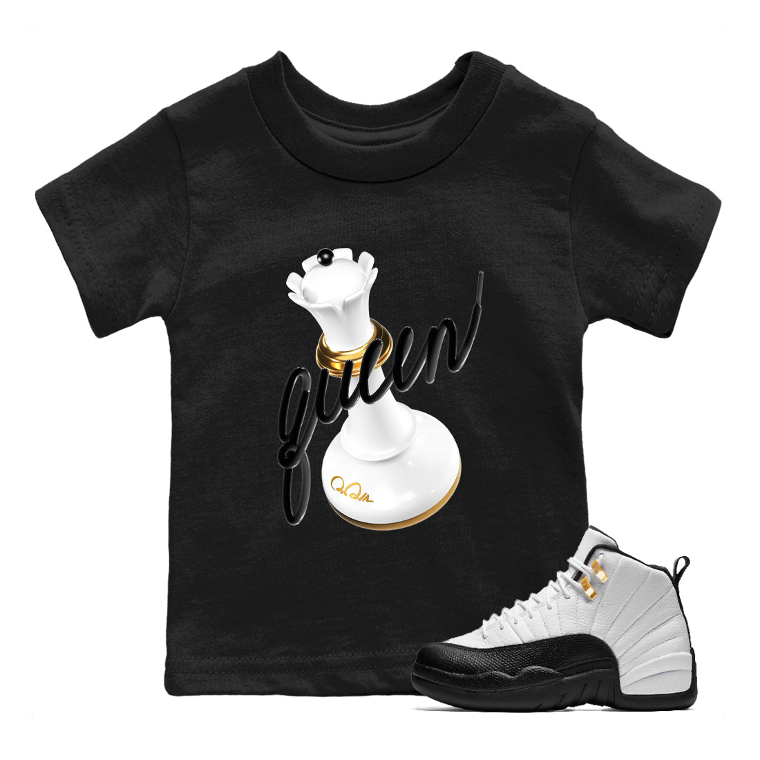 12s Taxi Sneaker match tees – Sneaker Tees To Match Air Jordan 12 Taxi Shoes – 3D Queen Kids T-Shirt Black 1
