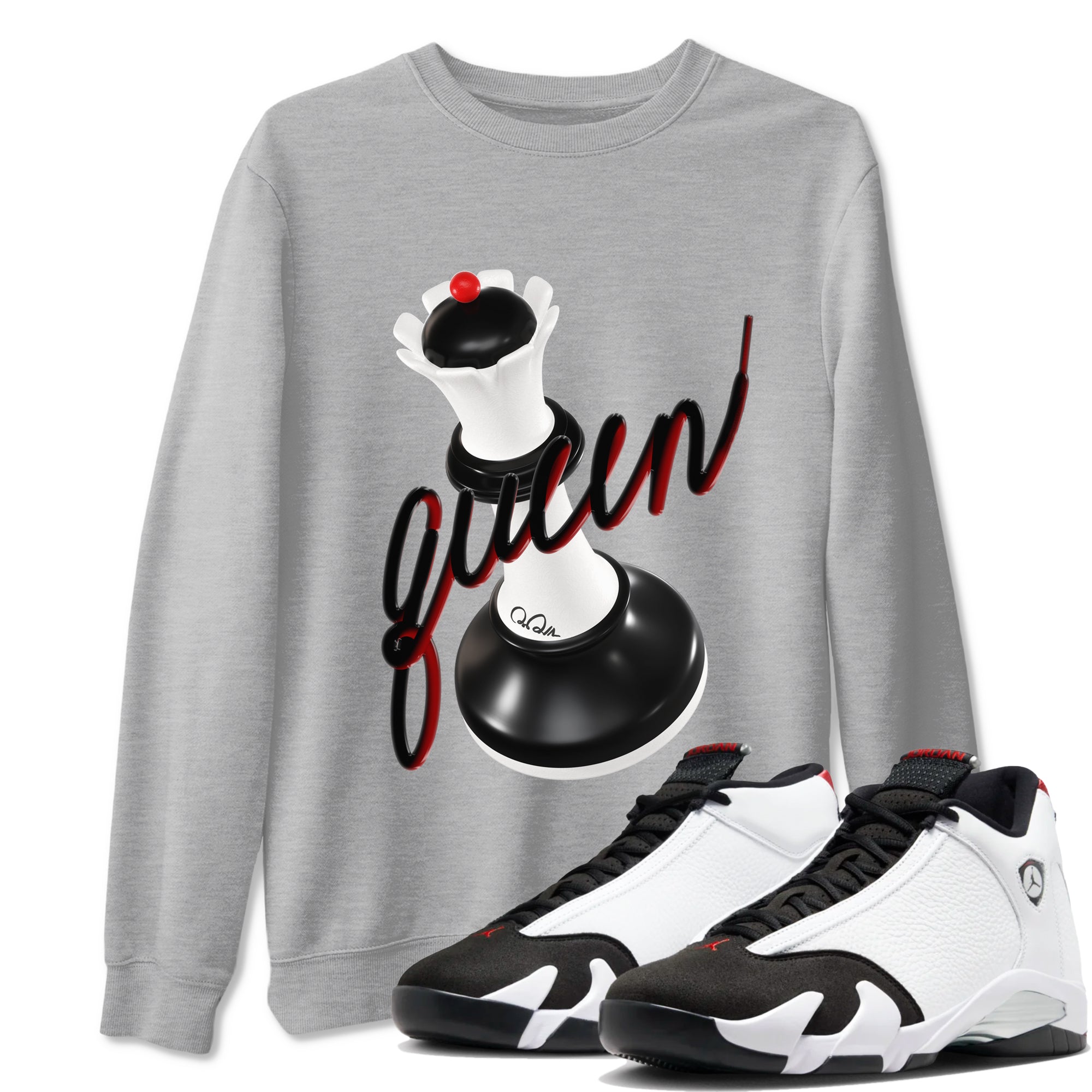 14s Black Toe shirts to match jordans 3D Queen graphic tees Air Jordan 14 Black Toe t shirts to match sneakers SNRT Sneaker Tees unisex cotton Heather Grey 1 shirts