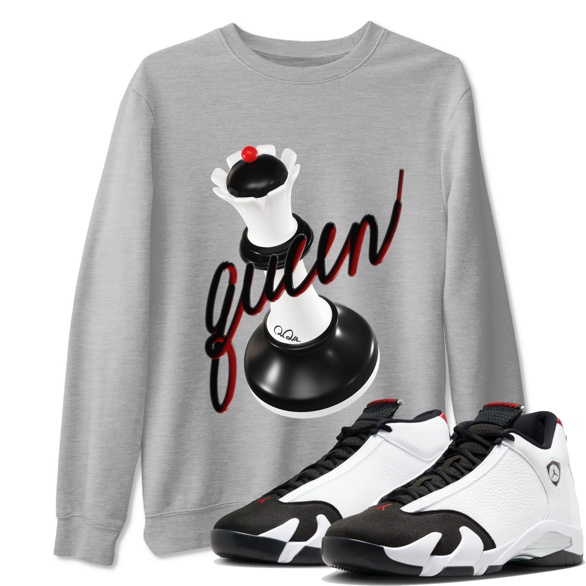 14s Black Toe shirts to match jordans 3D Queen graphic tees Air Jordan 14 Black Toe t shirts to match sneakers SNRT Sneaker Tees unisex cotton Heather Grey 1 shirts