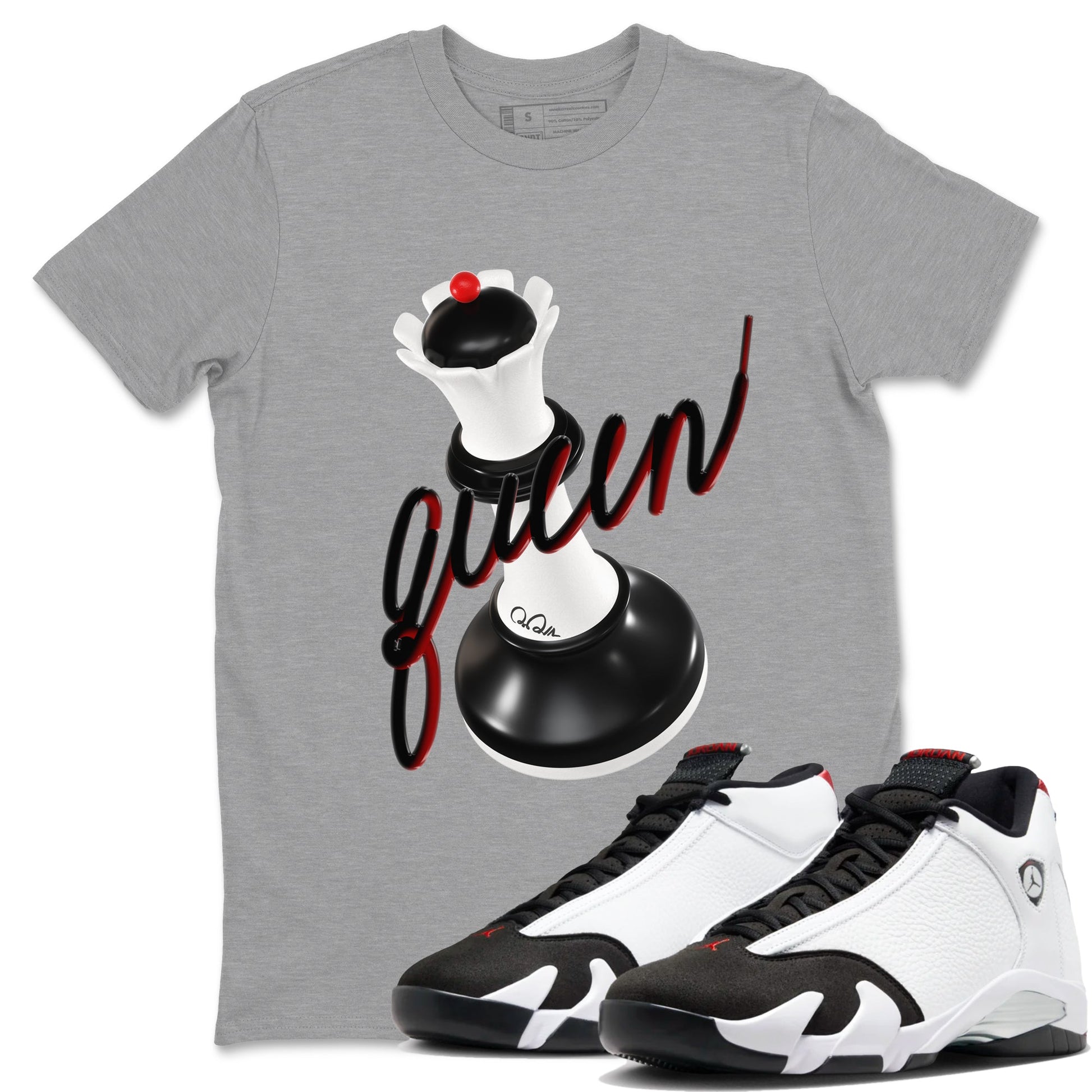 14s Black Toe shirts to match jordans 3D Queen graphic tees Air Jordan 14 Black Toe t shirts to match sneakers SNRT Sneaker Tees unisex cotton Heather Grey 1 shirts