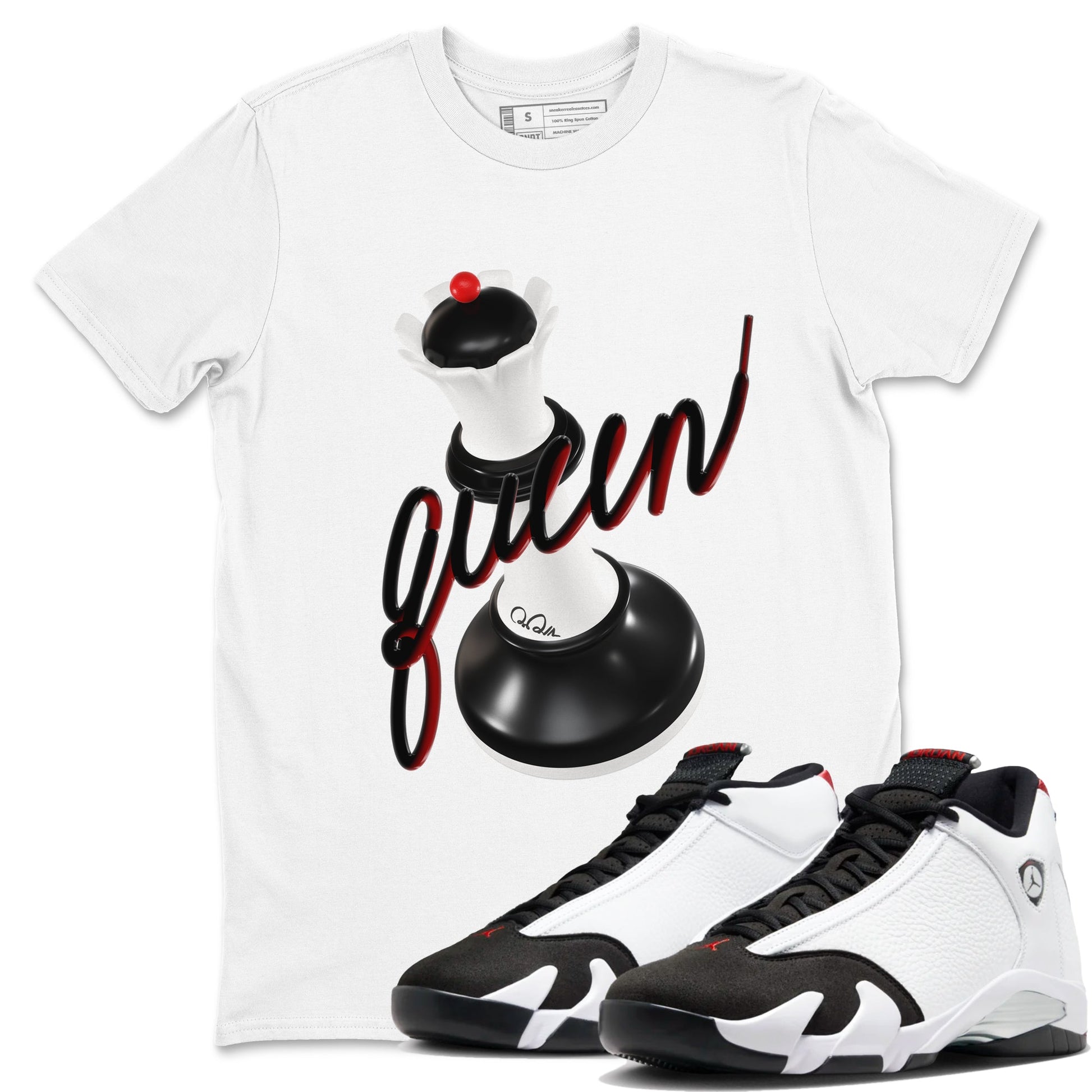 14s Black Toe shirts to match jordans 3D Queen graphic tees Air Jordan 14 Black Toe t shirts to match sneakers SNRT Sneaker Tees unisex cotton White 1 shirts