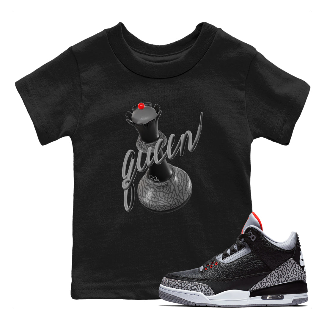 3s Black Cement shirts to match jordans 3D Queen sneaker match tees Air Jordan 3 Black Cement match shoes to clothes SNRT Sneaker Tees Youth Baby Black 1 tee