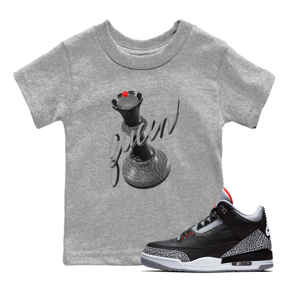 3s Black Cement shirts to match jordans 3D Queen sneaker match tees Air Jordan 3 Black Cement match shoes to clothes SNRT Sneaker Tees Youth Baby Heather Grey 1 tee