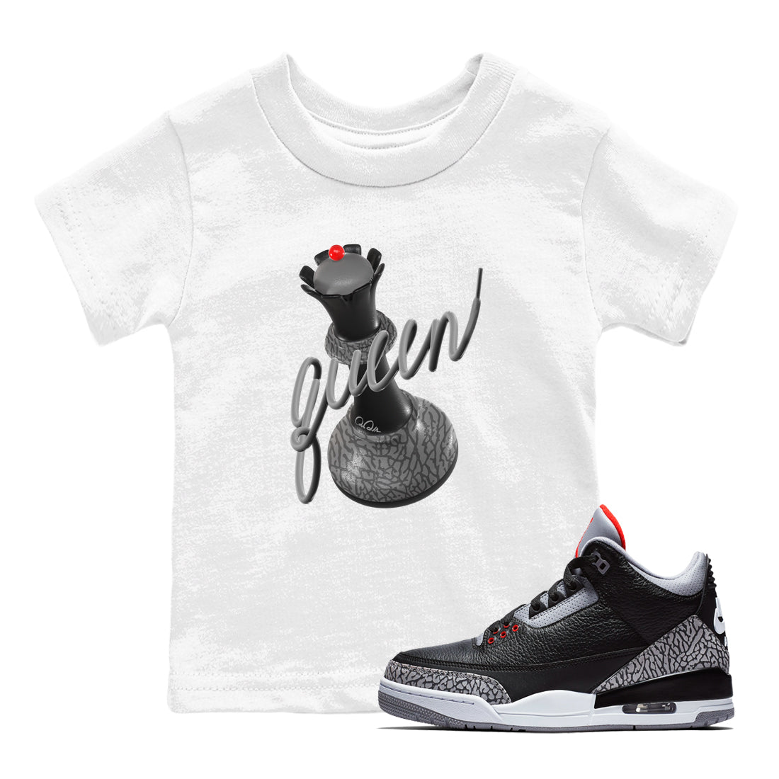 3s Black Cement shirts to match jordans 3D Queen sneaker match tees Air Jordan 3 Black Cement match shoes to clothes SNRT Sneaker Tees Youth Baby White 1 tee