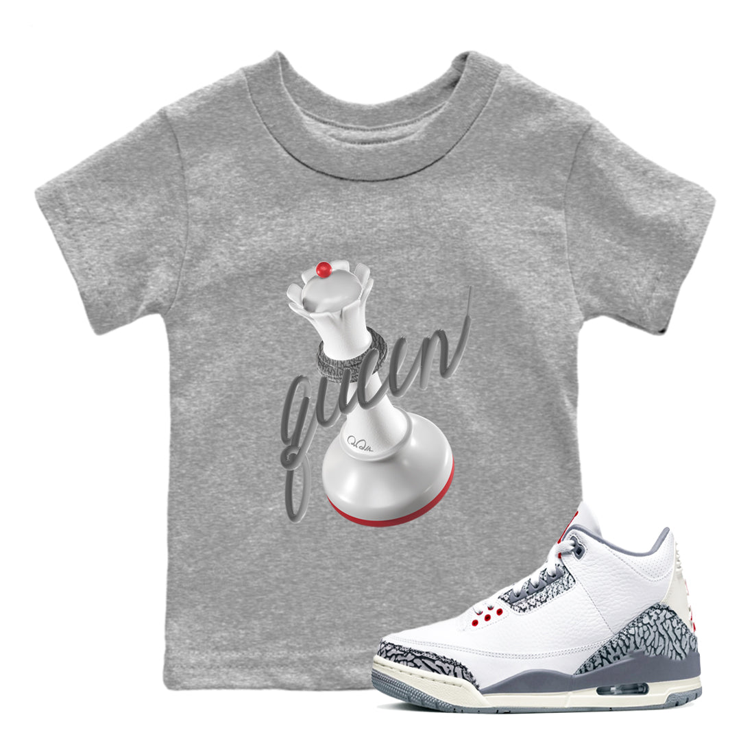 3s Cement Grey shirts to match jordans 3D Queen sneaker match tees Air Jordan 3 Cement Grey SNRT Sneaker Release Tees Youth Baby Heather Grey 1 crew neck shirts
