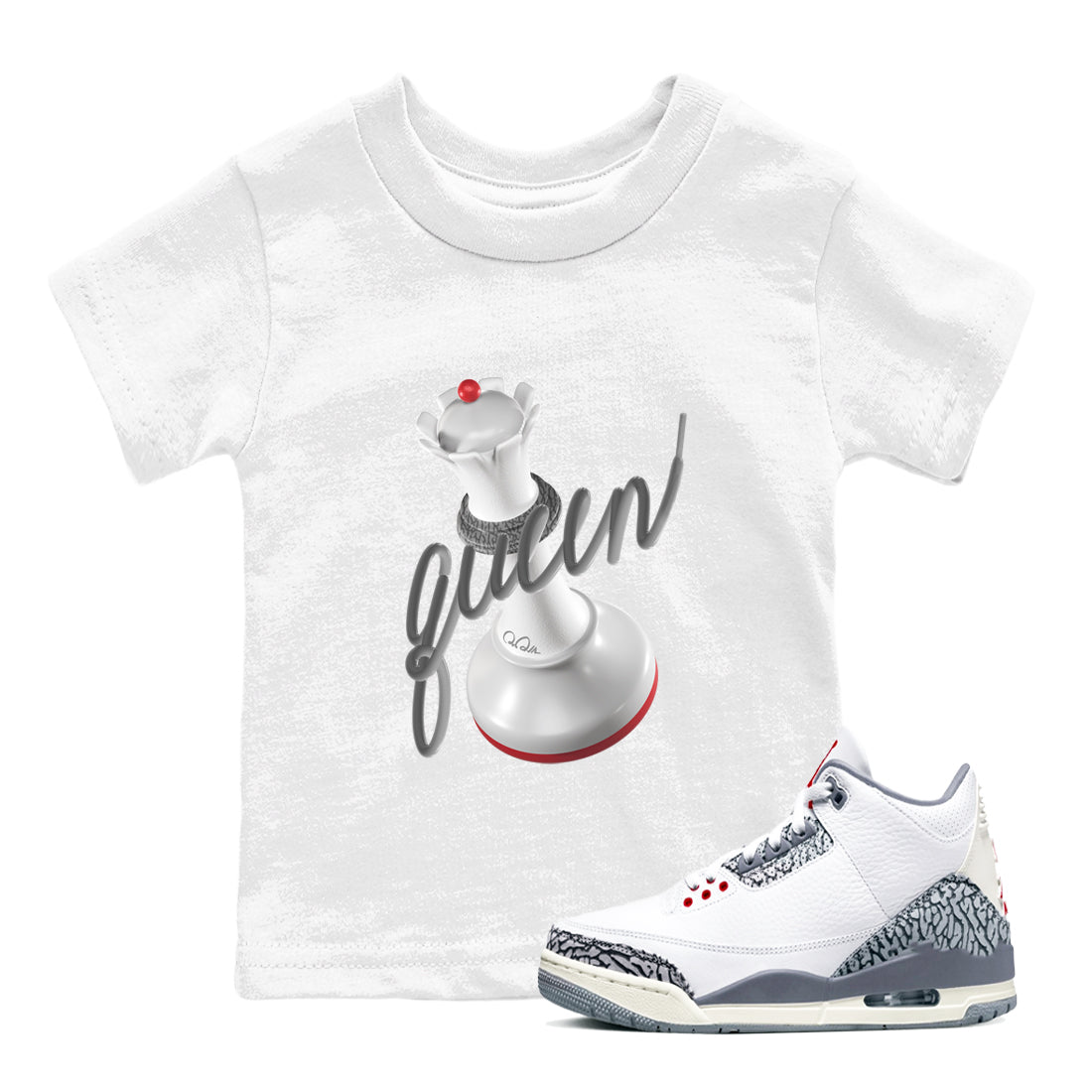 3s Cement Grey shirts to match jordans 3D Queen sneaker match tees Air Jordan 3 Cement Grey SNRT Sneaker Release Tees Youth Baby White 1 crew neck shirts