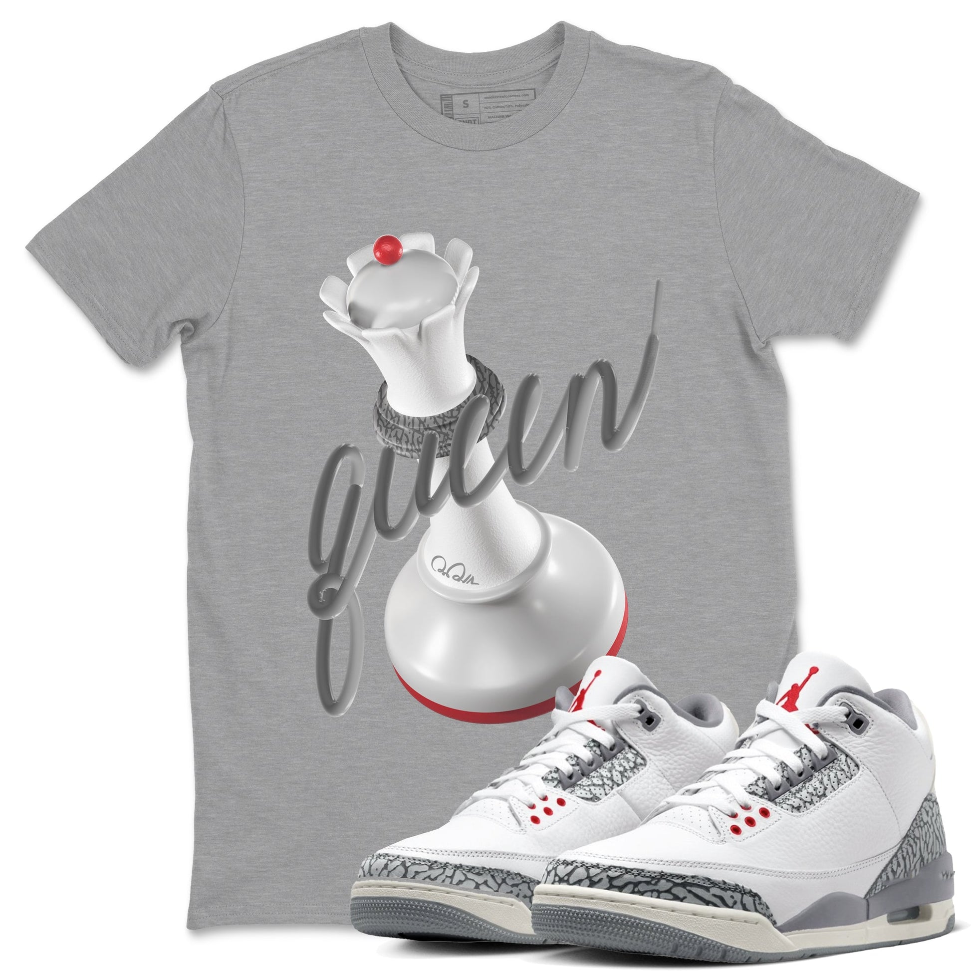 3s Cement Grey shirts to match jordans 3D Queen sneaker match tees Air Jordan 3 Cement Grey SNRT Sneaker Release Tees unisex cotton Heather Grey 1 crew neck shirts