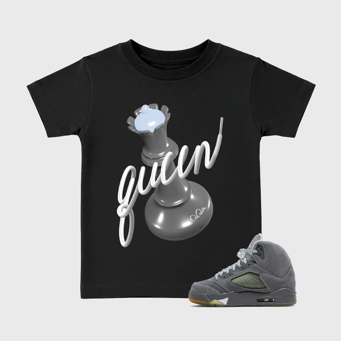 Sneaker outfits graphic tee – Sneaker Tees To Match Air Jordan 5 Wolf Grey Sneakers – 3D Queen Kids T-Shirt Black 1