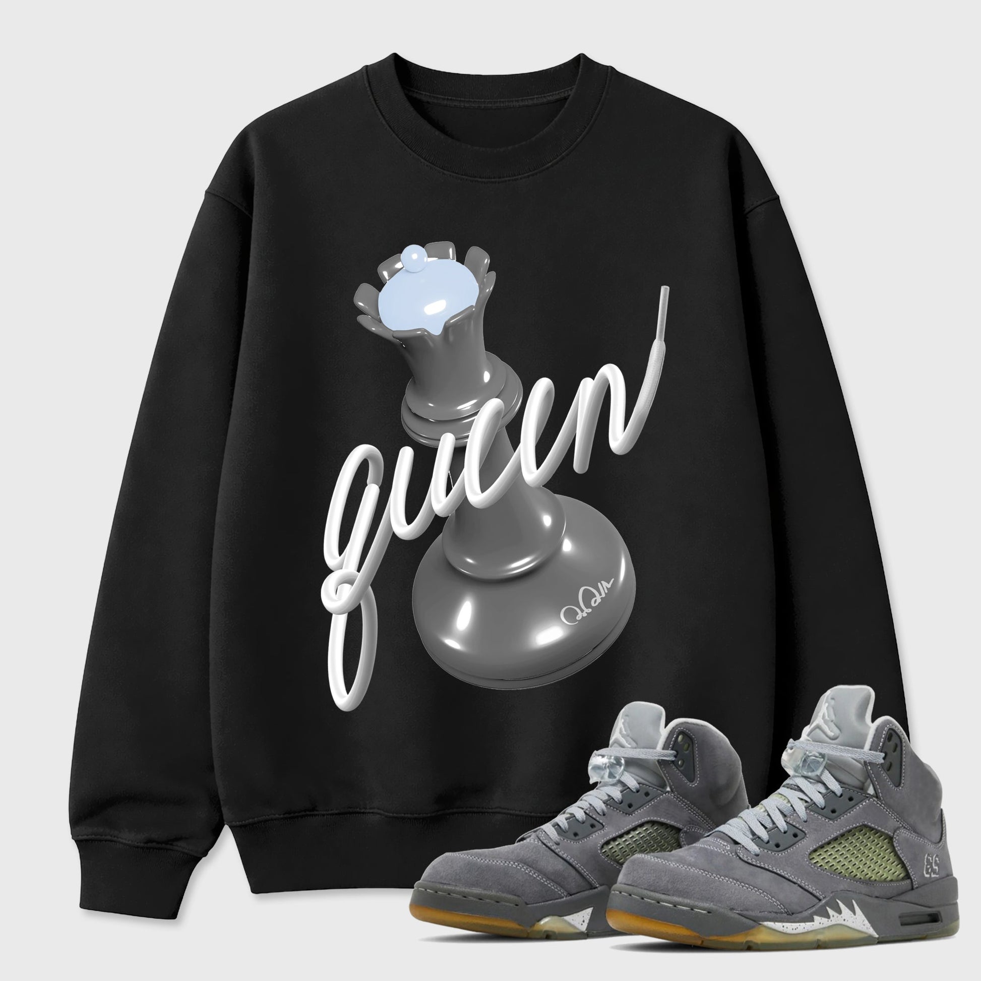 Sneaker outfits graphic tee – Sneaker Tees To Match Air Jordan 5 Wolf Grey Sneakers – 3D Queen Tee Black 1