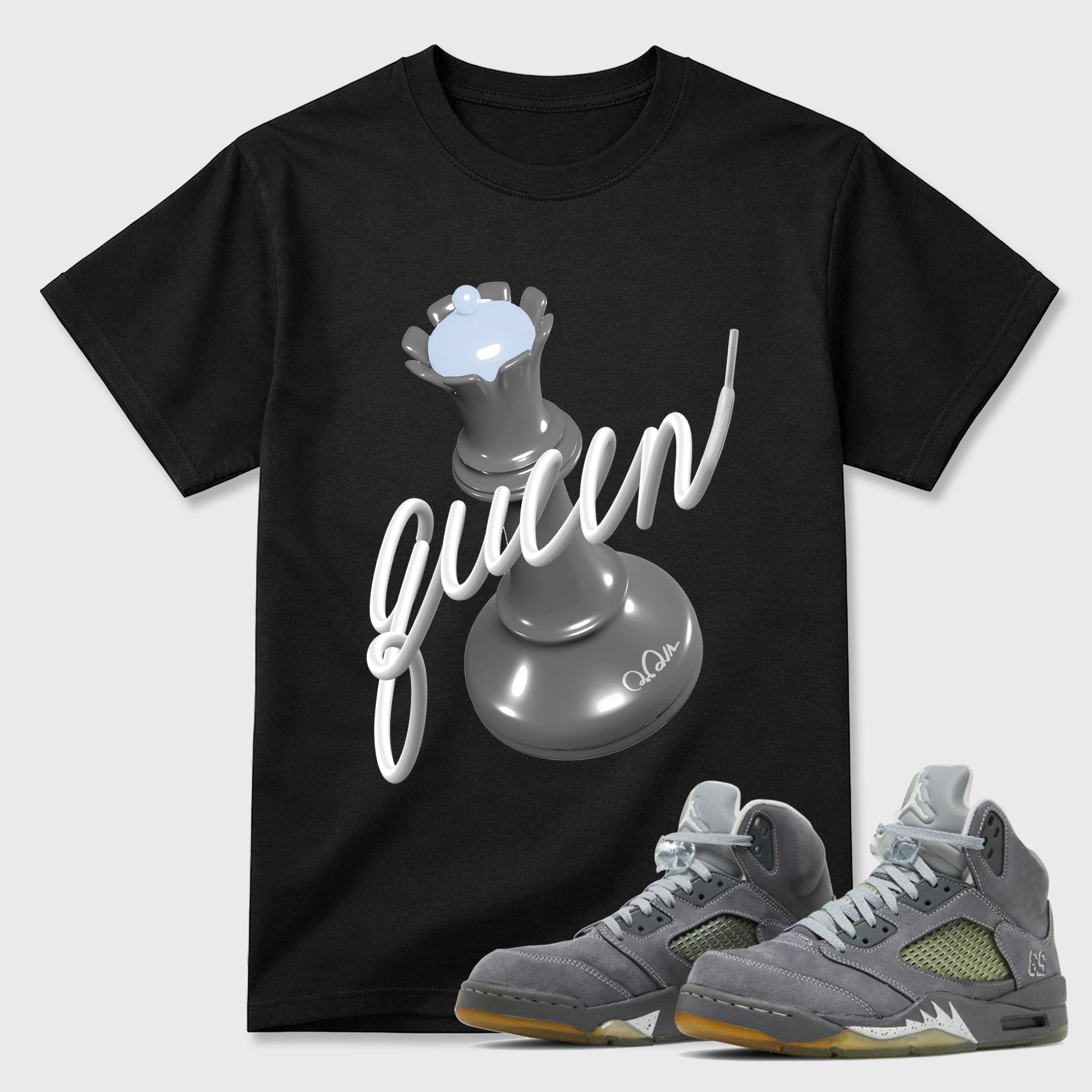 Sneaker outfits graphic tee – Sneaker Tees To Match Air Jordan 5 Wolf Grey Sneakers – 3D Queen Tee Black 1