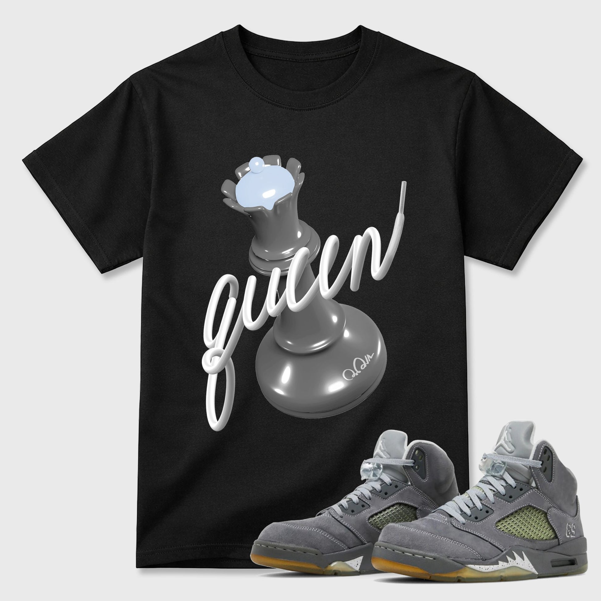 Sneaker outfits graphic tee – Sneaker Tees To Match Air Jordan 5 Wolf Grey Sneakers – 3D Queen Tee Black 1