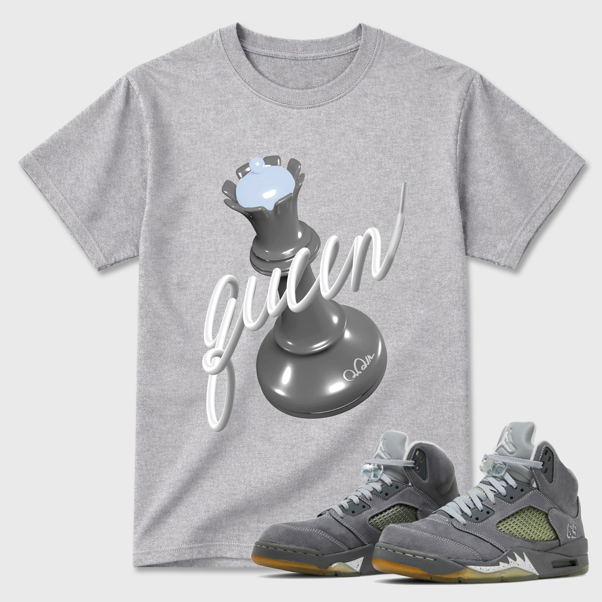 Sneaker outfits graphic tee – Sneaker Tees To Match Air Jordan 5 Wolf Grey Sneakers – 3D Queen Tee Heather Grey 1