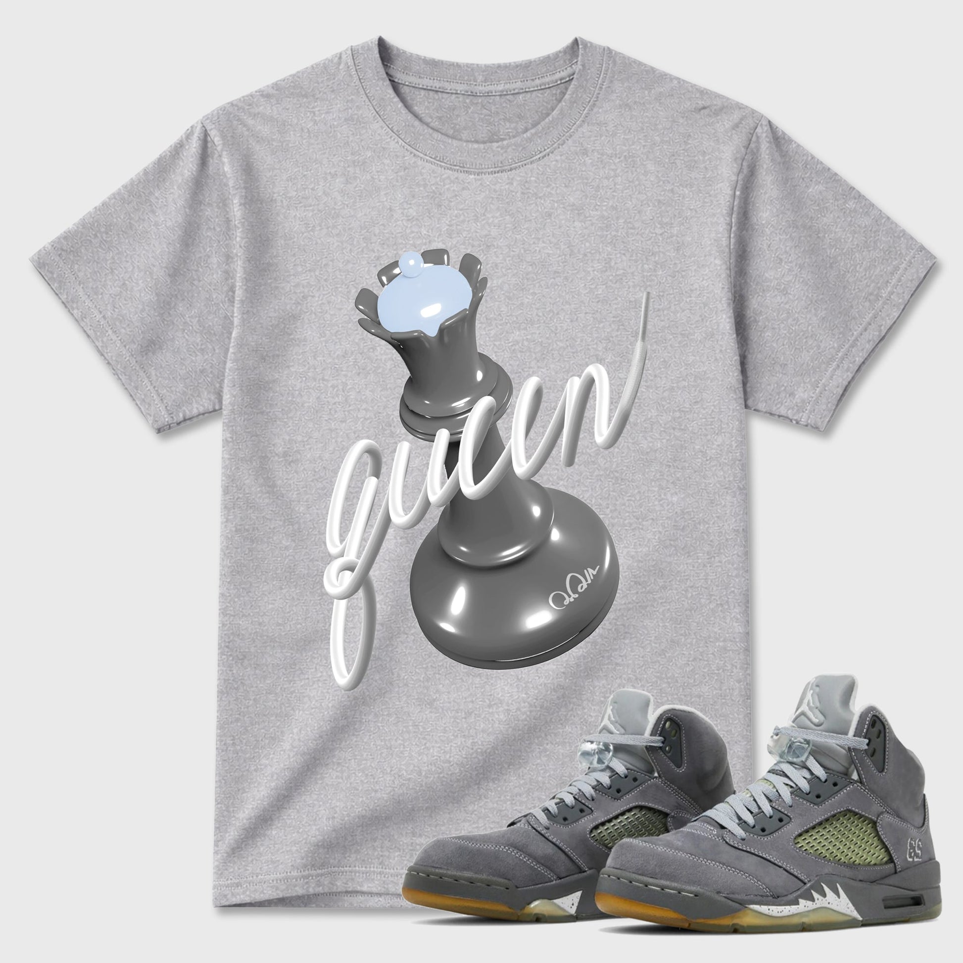 Sneaker outfits graphic tee – Sneaker Tees To Match Air Jordan 5 Wolf Grey Sneakers – 3D Queen Tee Heather Grey 1