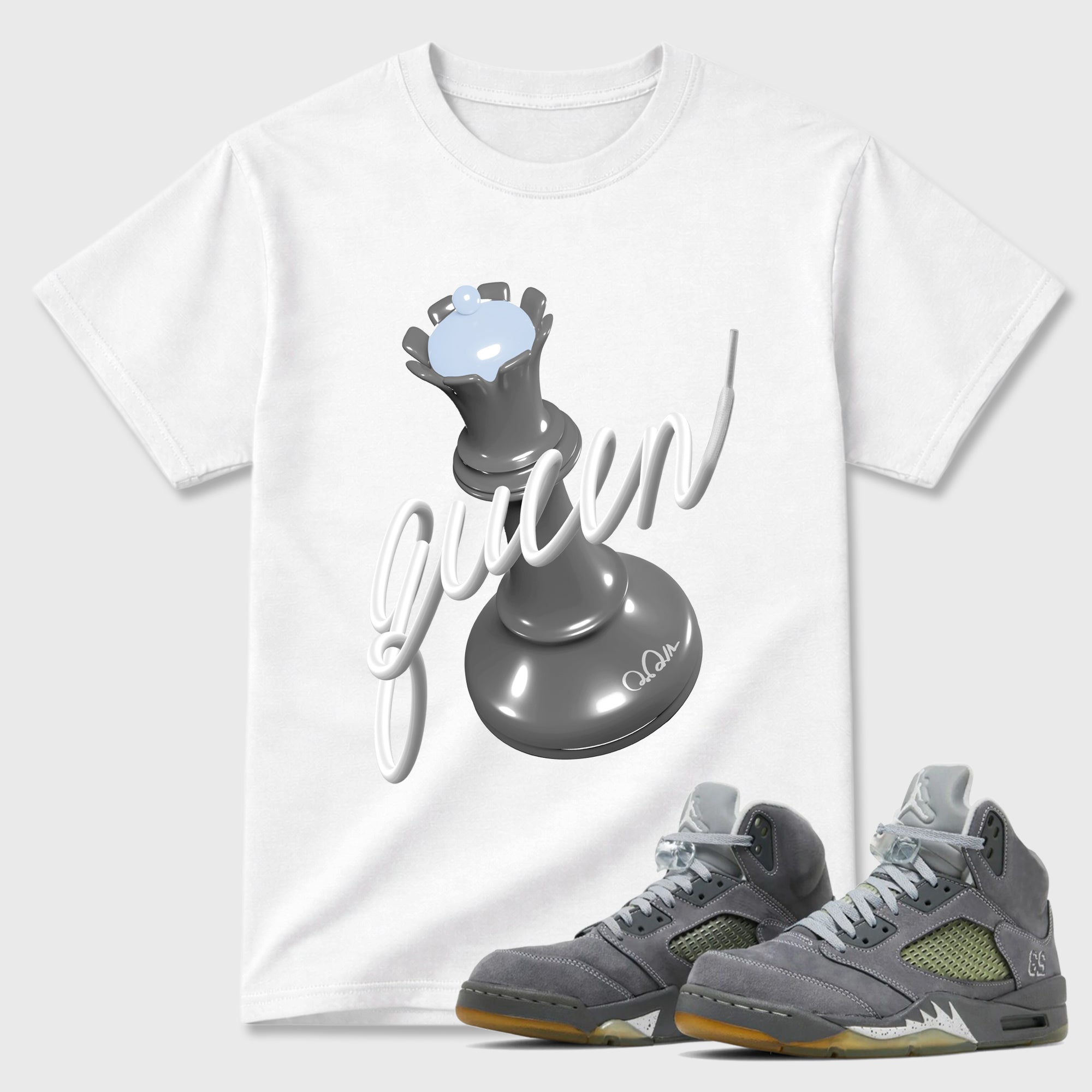 Sneaker outfits graphic tee – Sneaker Tees To Match Air Jordan 5 Wolf Grey Sneakers – 3D Queen Tee White 1
