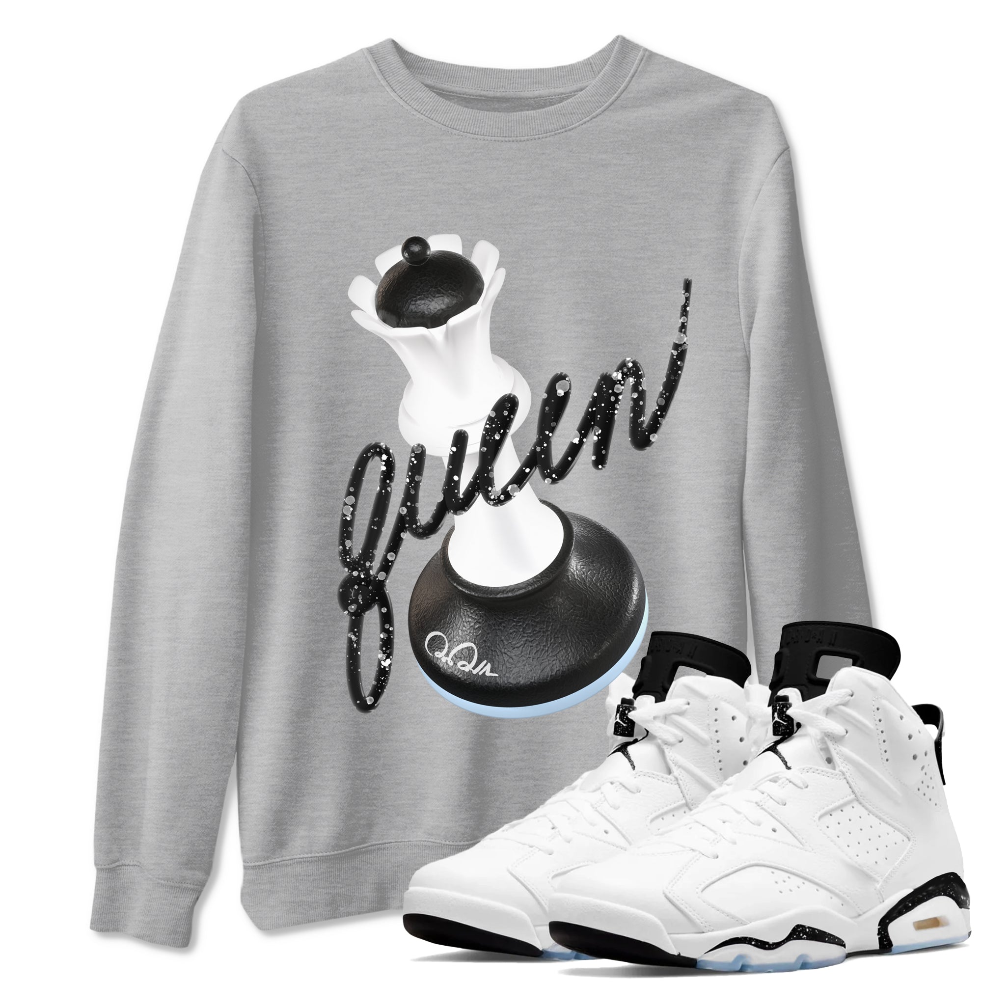AJ6 White Black shirts to match jordans 3D Queen sneaker match tees Air Jordan 6 White Black SNRT Sneaker Tees streetwear brand Heather Grey 1 unisex cotton tee