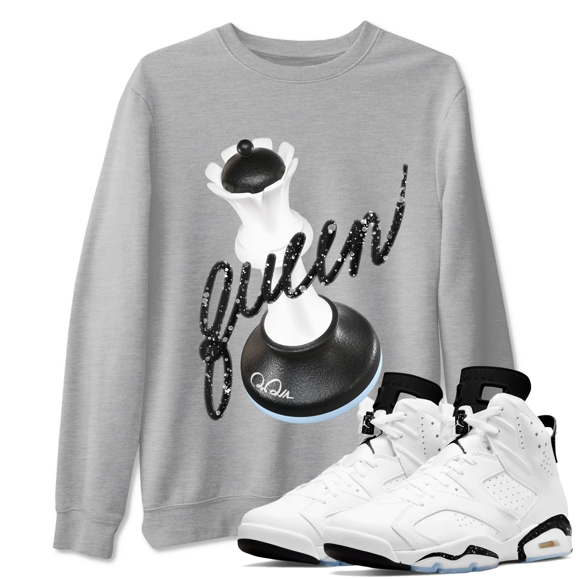 AJ6 White Black shirts to match jordans 3D Queen sneaker match tees Air Jordan 6 White Black SNRT Sneaker Tees streetwear brand Heather Grey 1 unisex cotton tee