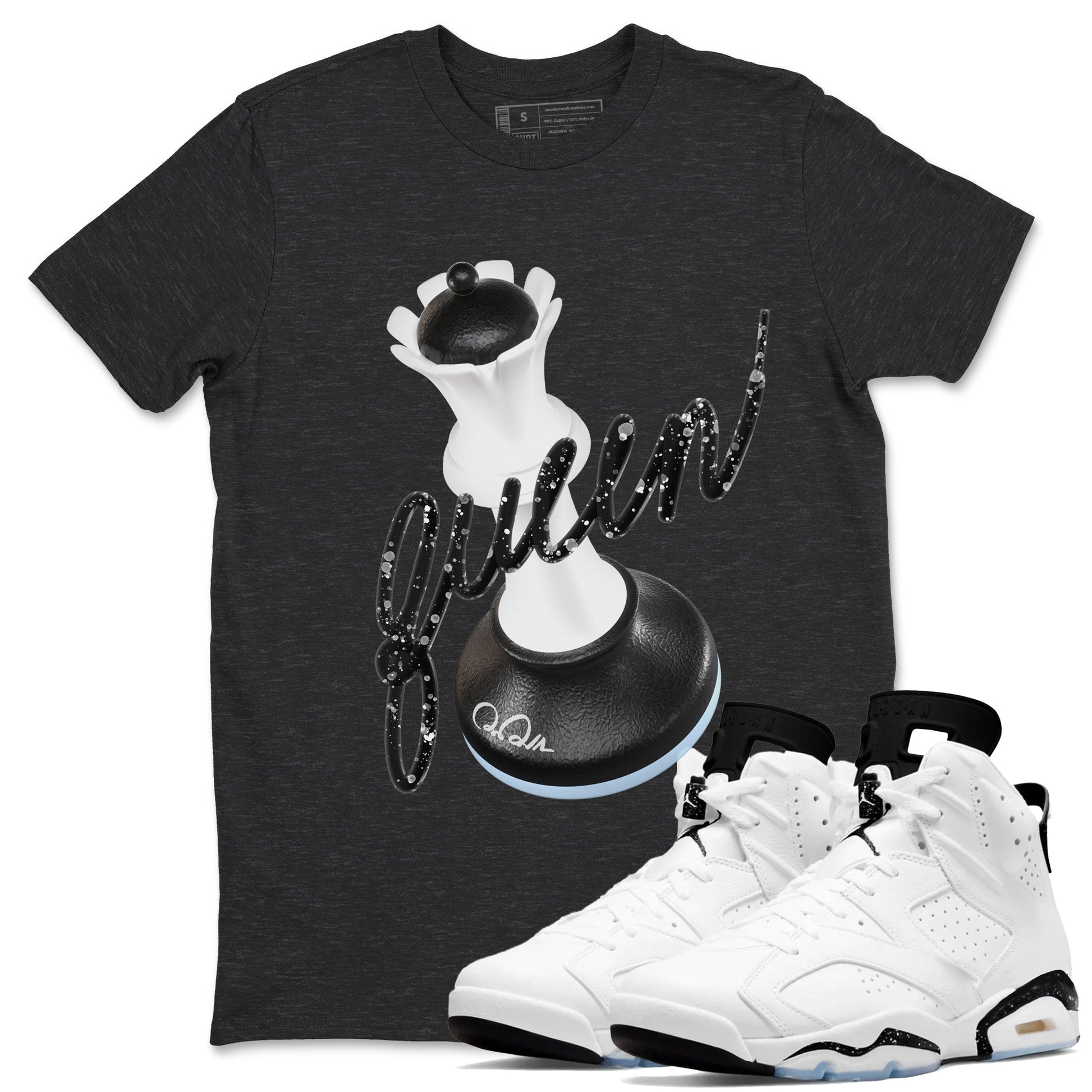 AJ6 White Black shirts to match jordans 3D Queen sneaker match tees Air Jordan 6 White Black SNRT Sneaker Tees streetwear brand Charcoal Heather 1 unisex cotton tee