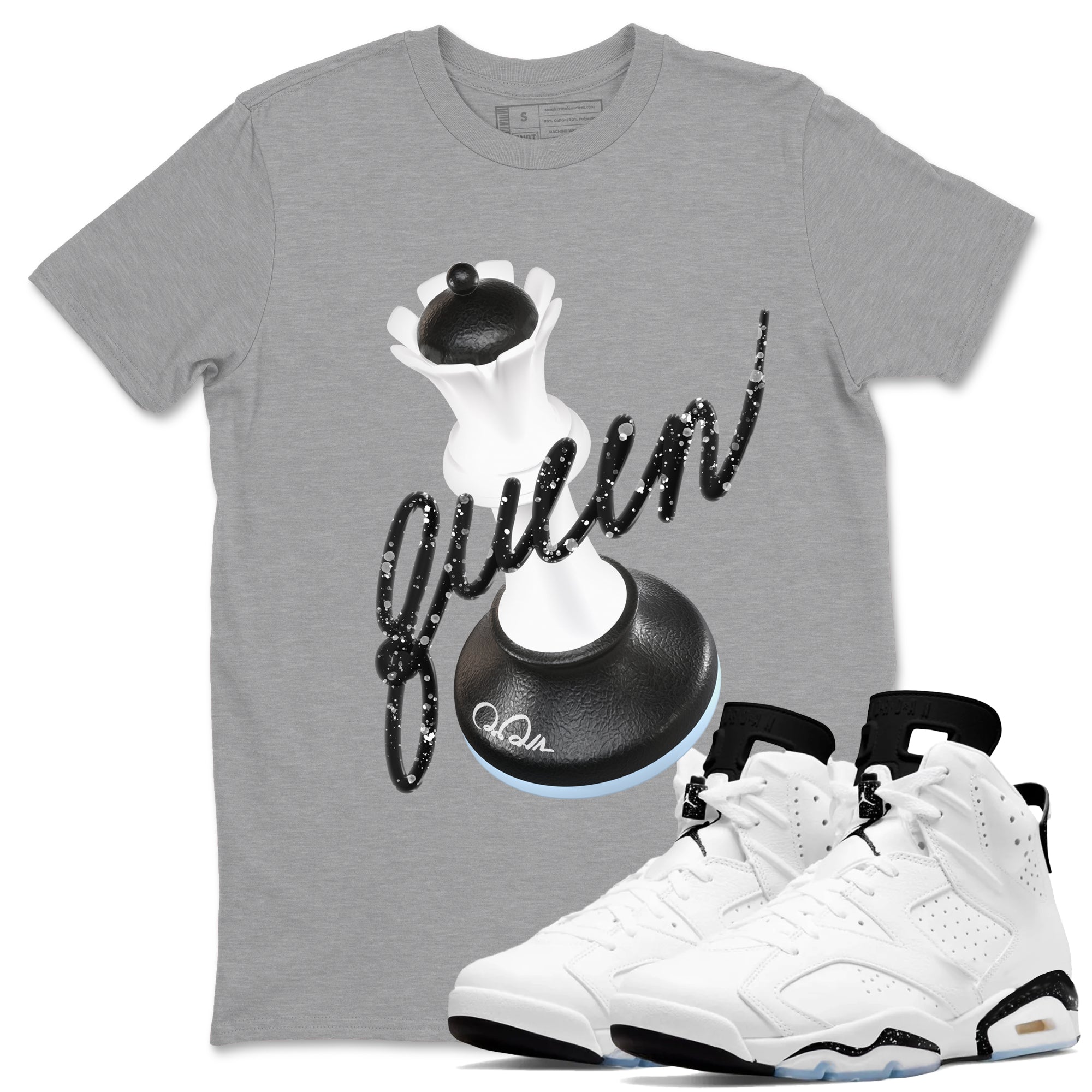 AJ6 White Black shirts to match jordans 3D Queen sneaker match tees Air Jordan 6 White Black SNRT Sneaker Tees streetwear brand Heather Grey 1 unisex cotton tee
