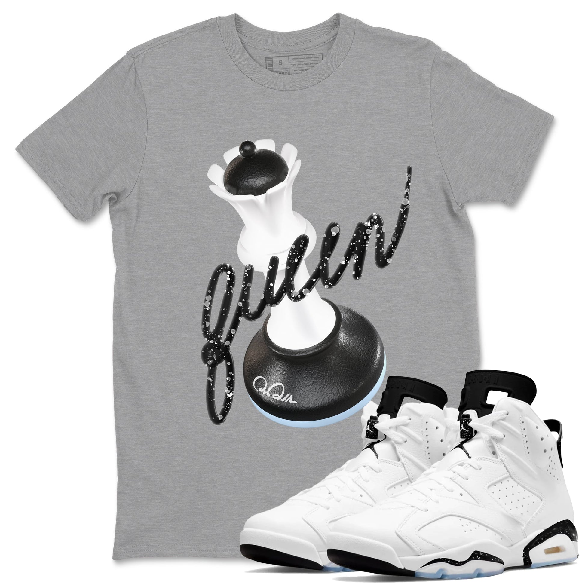 AJ6 White Black shirts to match jordans 3D Queen sneaker match tees Air Jordan 6 White Black SNRT Sneaker Tees streetwear brand Heather Grey 1 unisex cotton tee