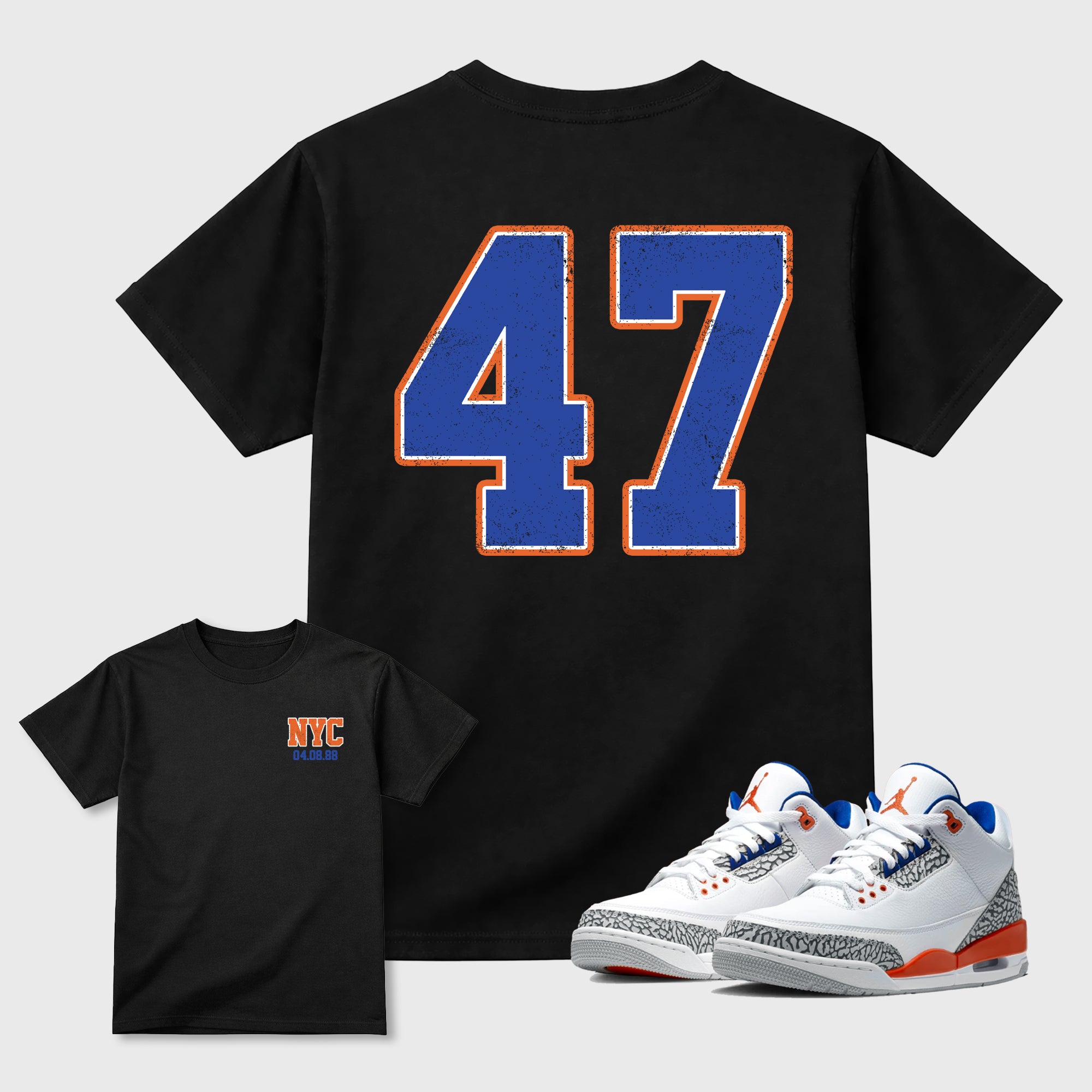 47 Graphic T-Shirt sneaker match tee designed for the Air Jordan 3 Knicks sneakers, featuring coordinated color options for a perfect streetwear match. Black shirt.