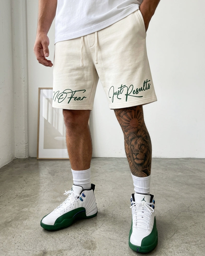 no fear just results graphic shorts match to air jordan 12 summit white and gorge green