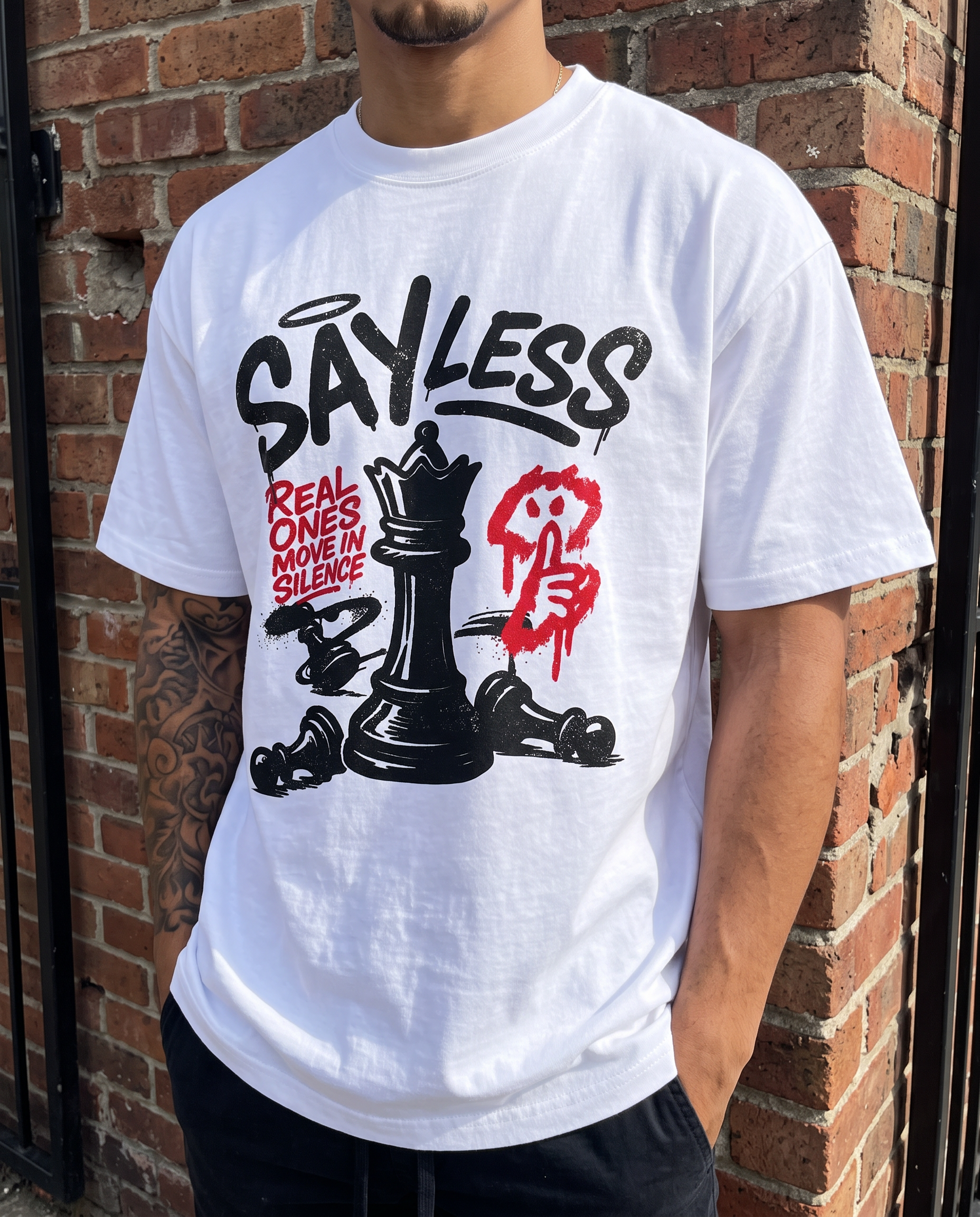 A man wearing a white graphic t-shirt with a black and red print that reads 'SAY LESS' and features a chess piece and hand gesture design, standing against a brick wall.