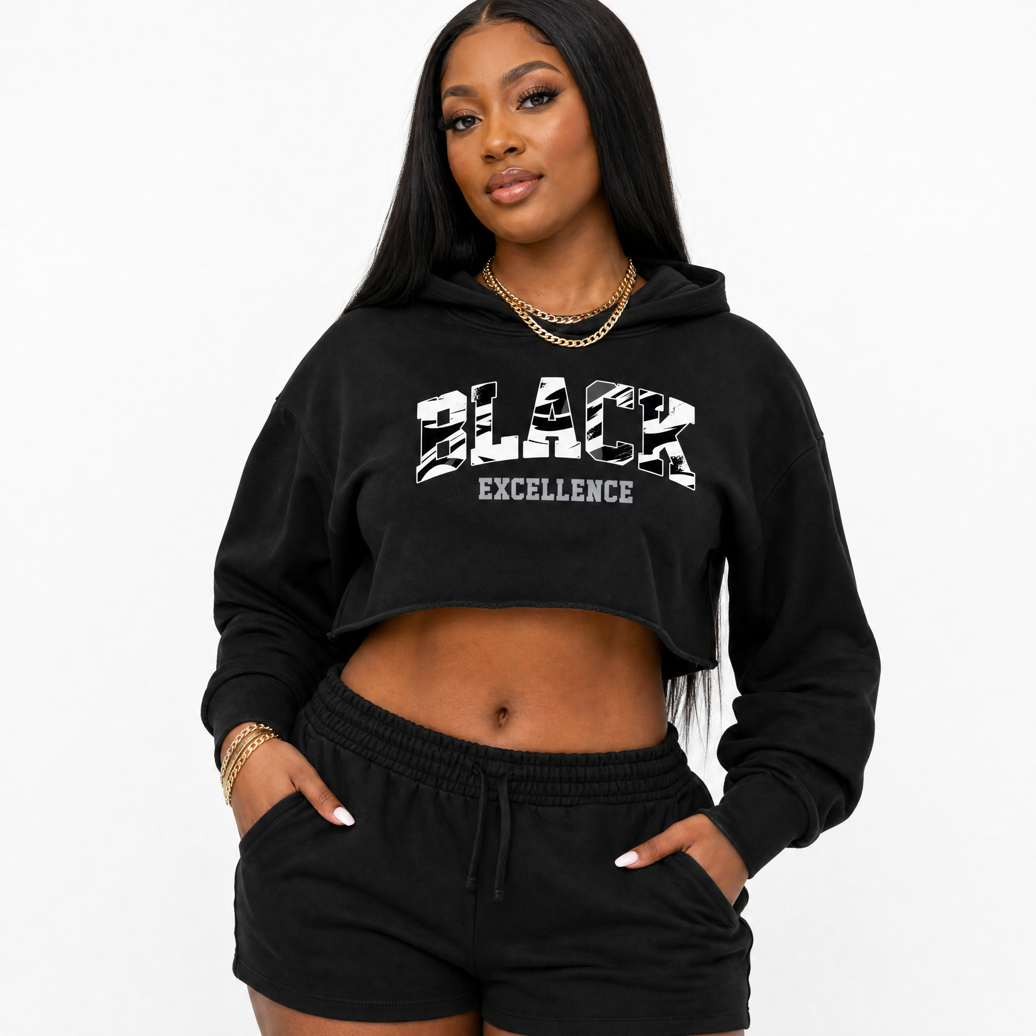 Varsity Black Excellence Premium Graphic Crop Hoodie