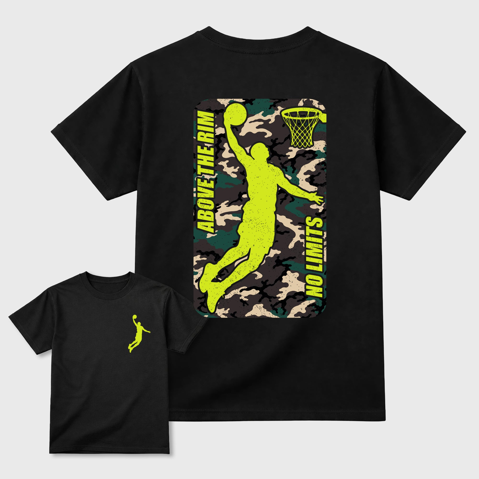 Above The Rim Graphic T-Shirt featuring original streetwear artwork designed to match the Air Foamposite Pro Green Camo. Black Graphic T-Shirt.