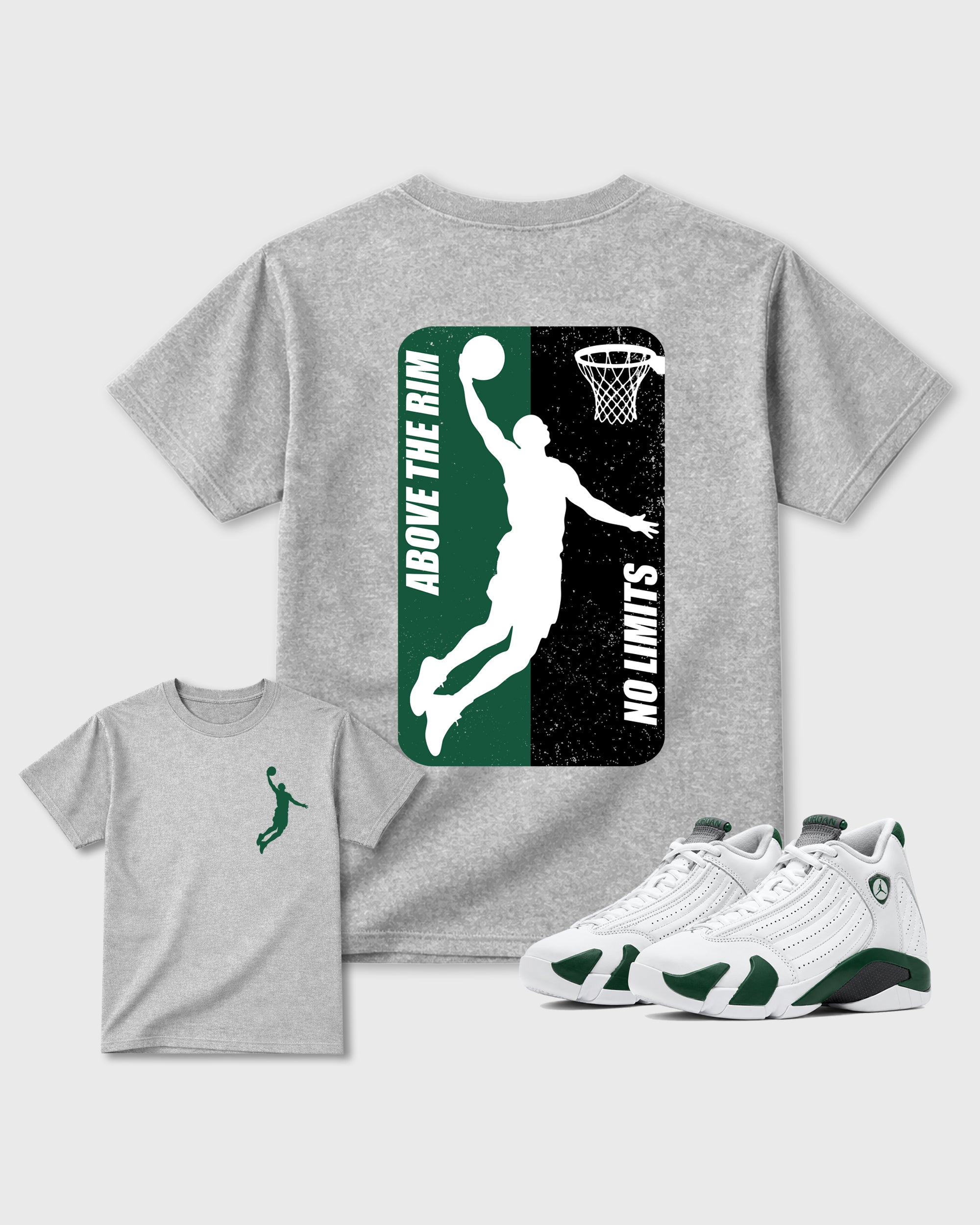 Above The Rim Heather Grey Graphic T-Shirt - 1, sneaker matching tee designed to match Air Jordan 14 Forest Green sneakers for a coordinated sneaker outfit.
