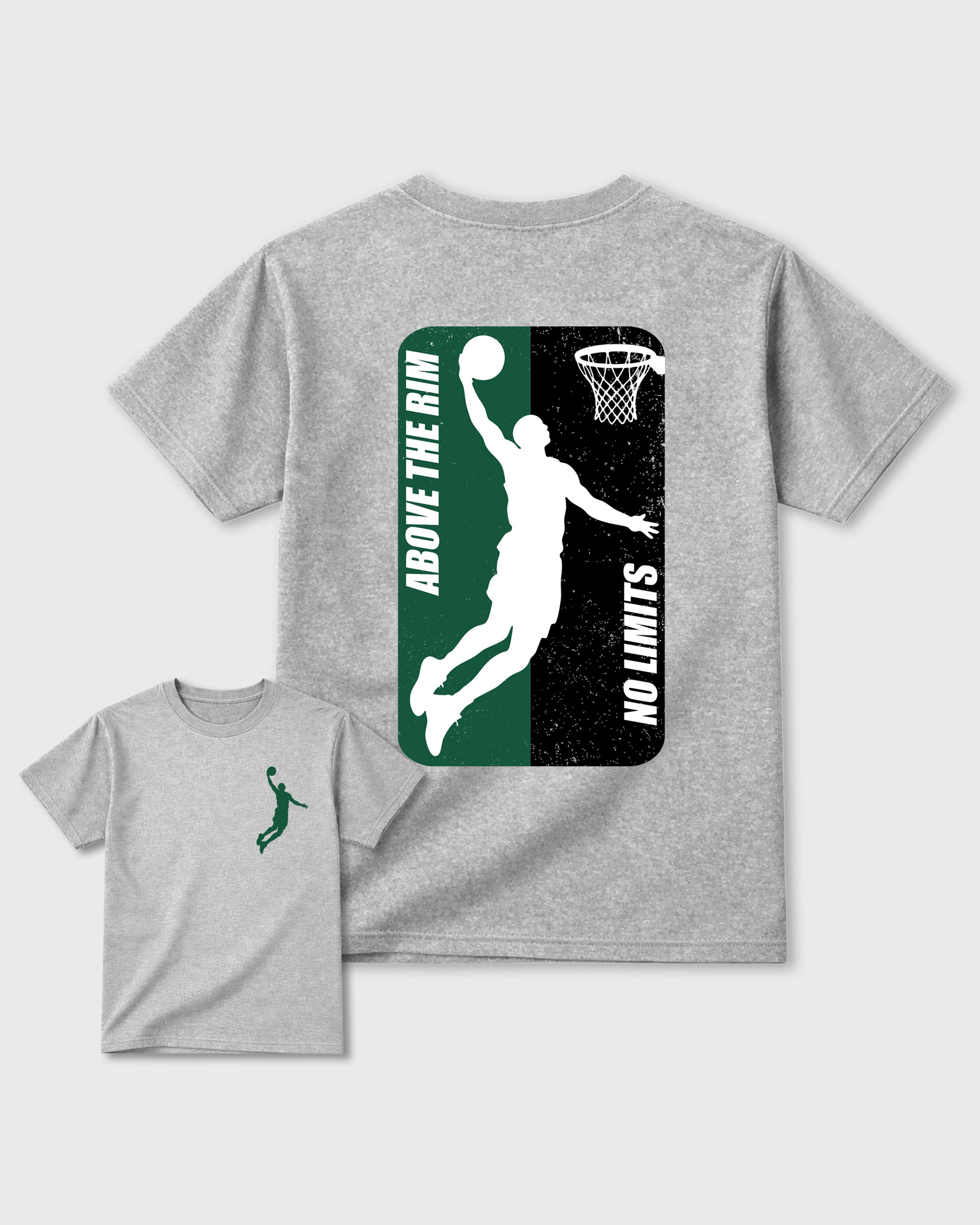 Above The Rim Heather Grey Graphic T-Shirt - 2, sneaker tee made to match Air Jordan 14 Forest Green sneakers with original graphic artwork for a coordinated sneaker outfit.
