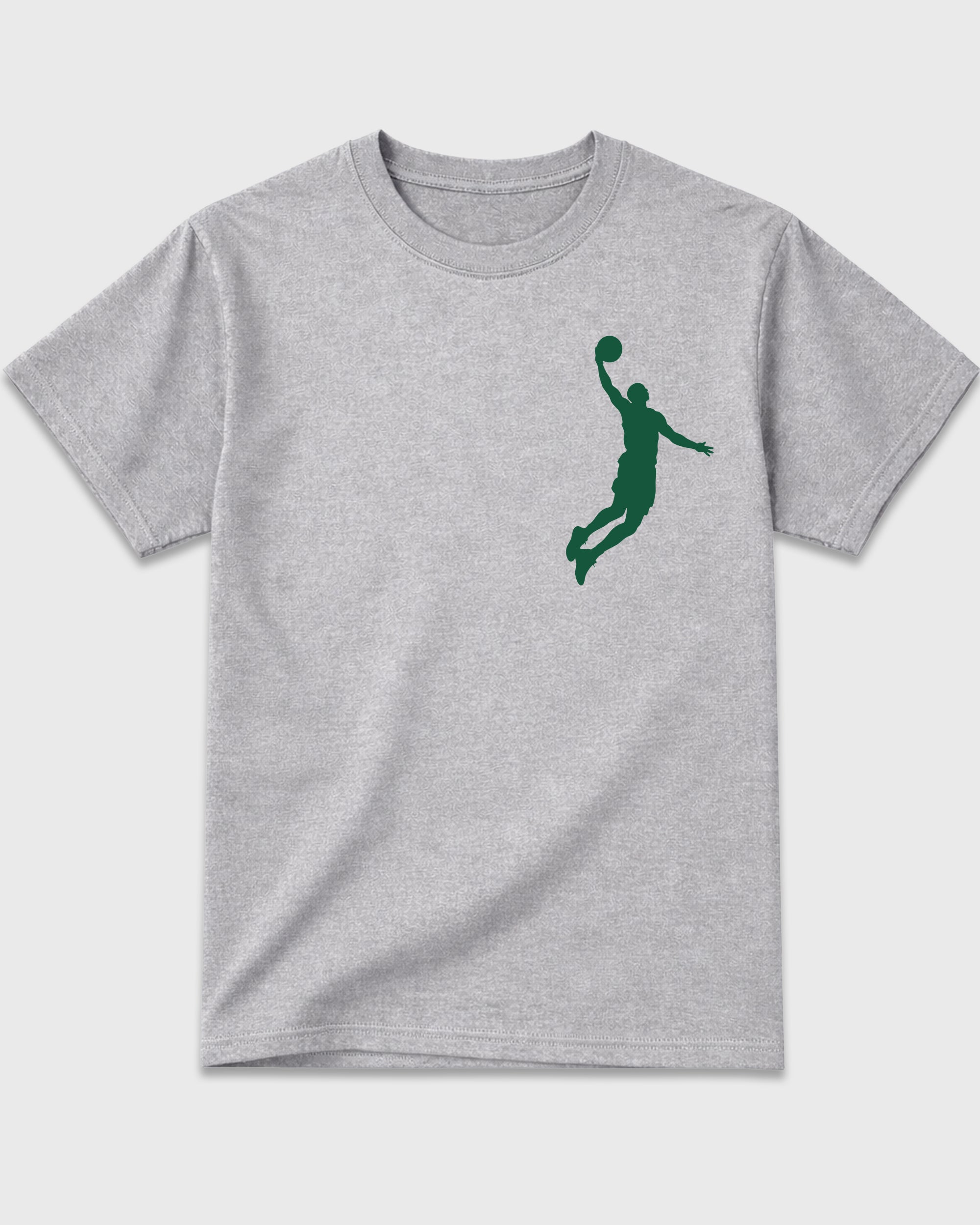 Above The Rim Heather Grey Graphic T-Shirt - 3, sneaker matching shirt designed to pair with Air Jordan 14 Forest Green sneakers for a coordinated streetwear outfit.