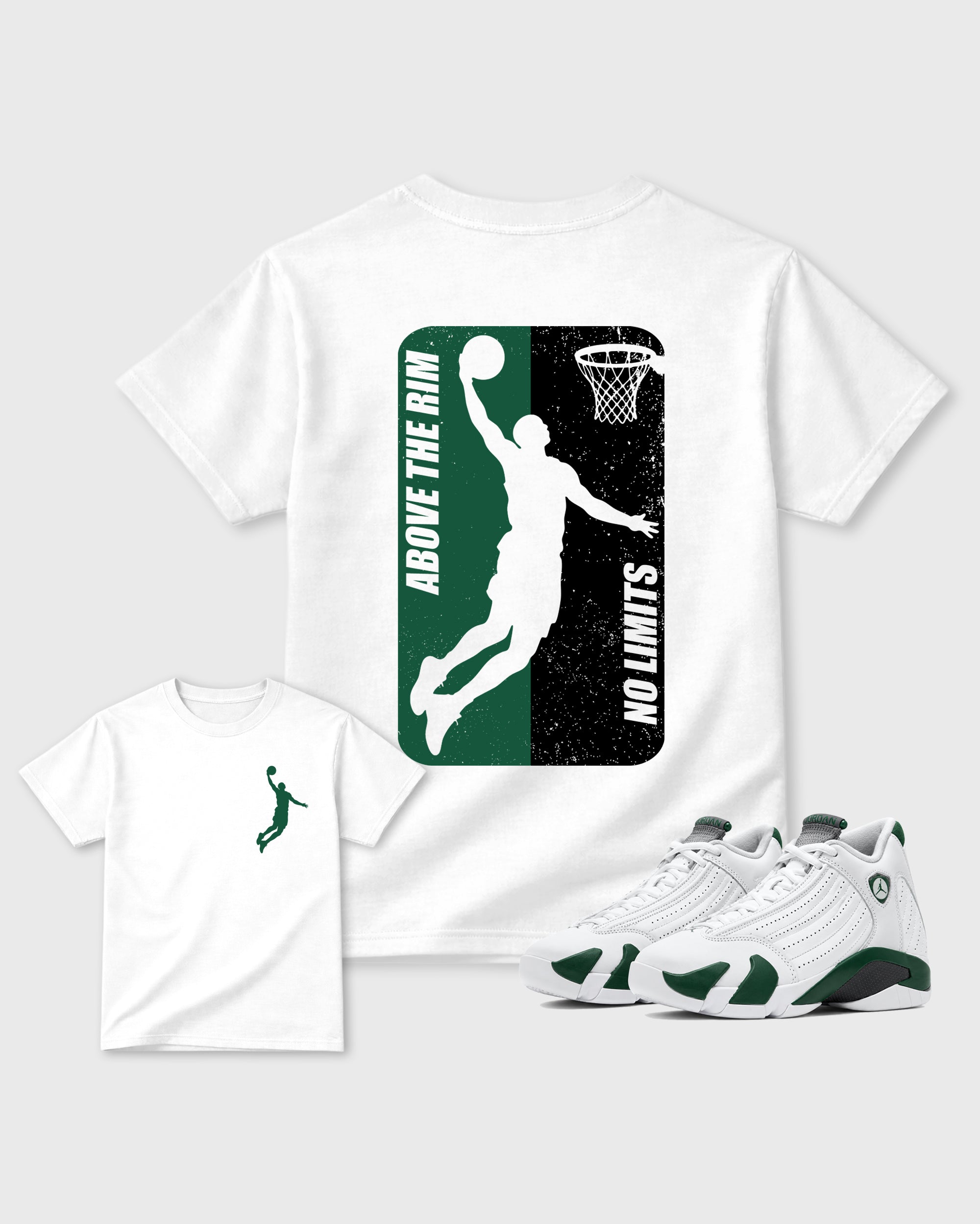 Above The Rim White Graphic T-Shirt - 1, sneaker matching tee designed to match Air Jordan 14 Forest Green sneakers for a coordinated sneaker outfit.