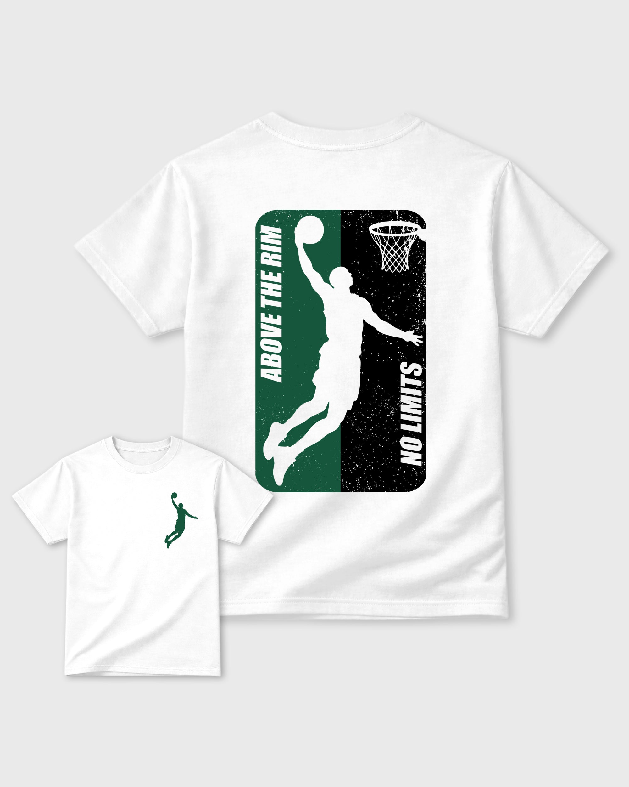 Above The Rim White Graphic T-Shirt - 3, sneaker matching shirt designed to pair with Air Jordan 14 Forest Green sneakers for a coordinated streetwear outfit.