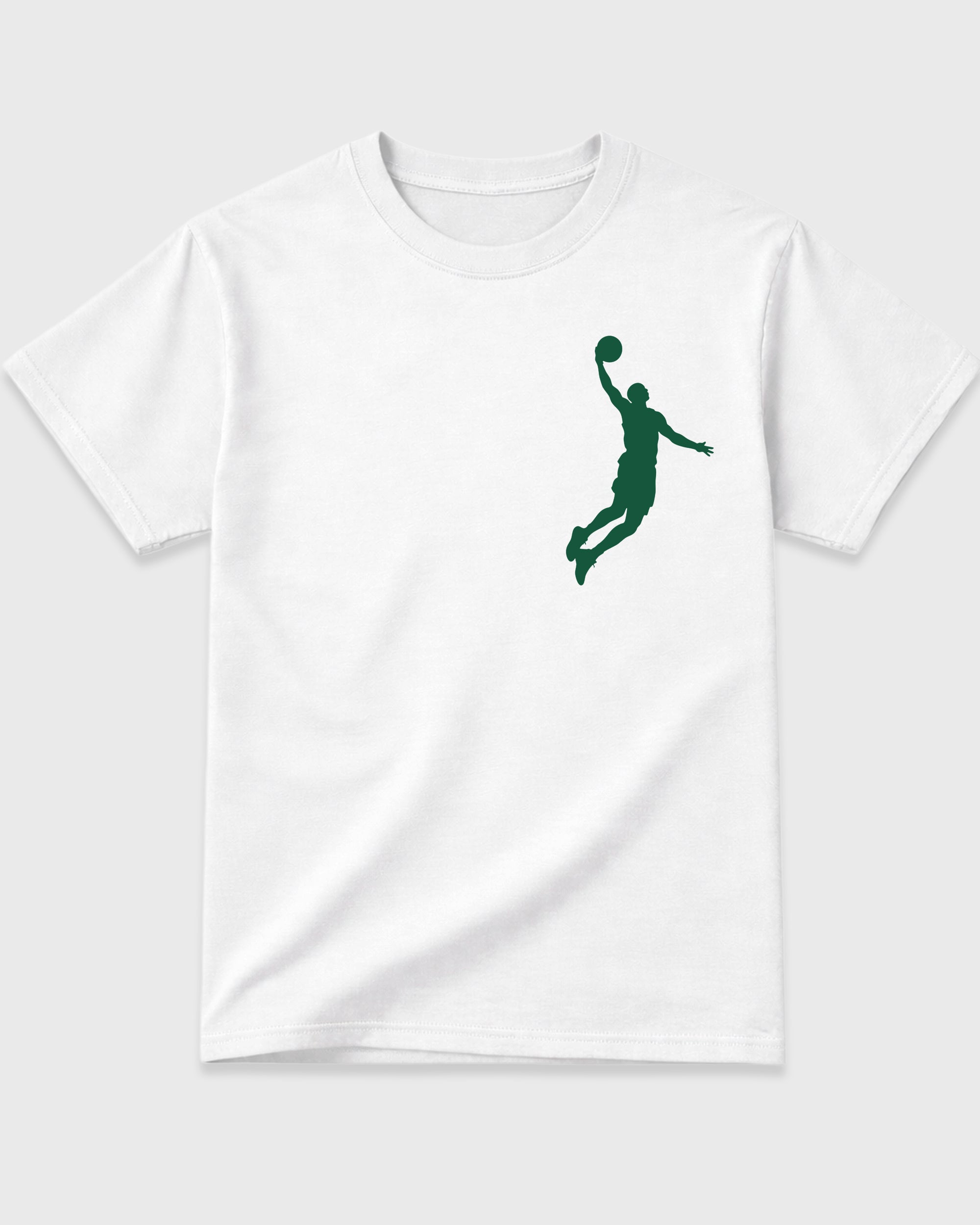 Above The Rim White Graphic T-Shirt - 3, sneaker matching shirt designed to pair with Air Jordan 14 Forest Green sneakers for a coordinated streetwear outfit.