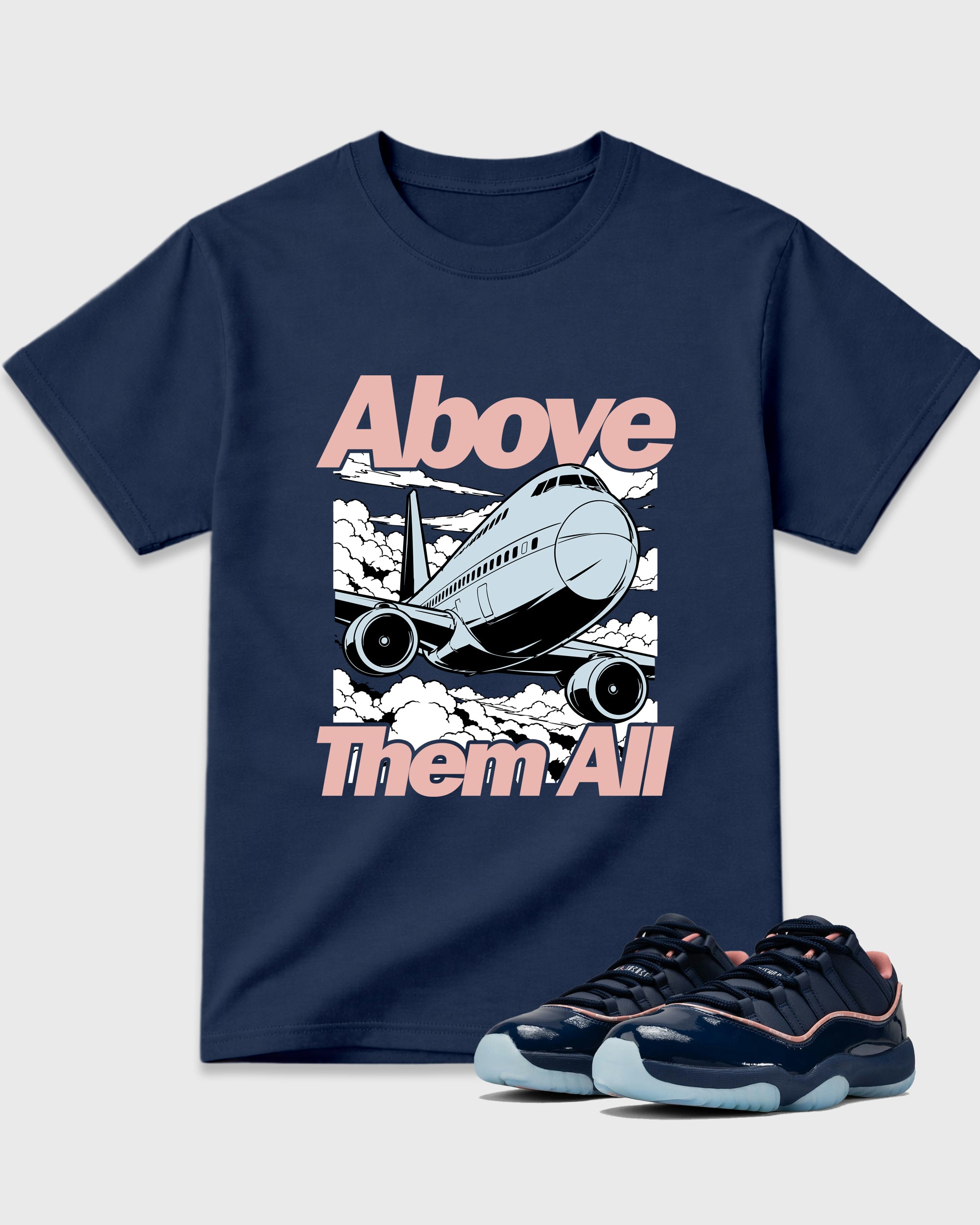 Above Them All Graphic T-Shirt featuring original streetwear artwork designed to match the Air Jordan 11 Made For Locals. Navy 1 Graphic T-Shirt.