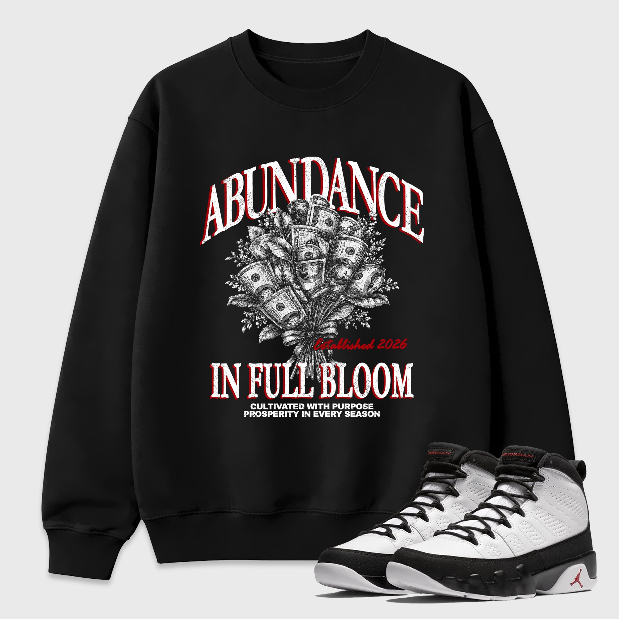Abundance Graphic T-Shirt featuring original streetwear artwork designed to match the Air Jordan 9 True Red. Black 1 Graphic Tee.